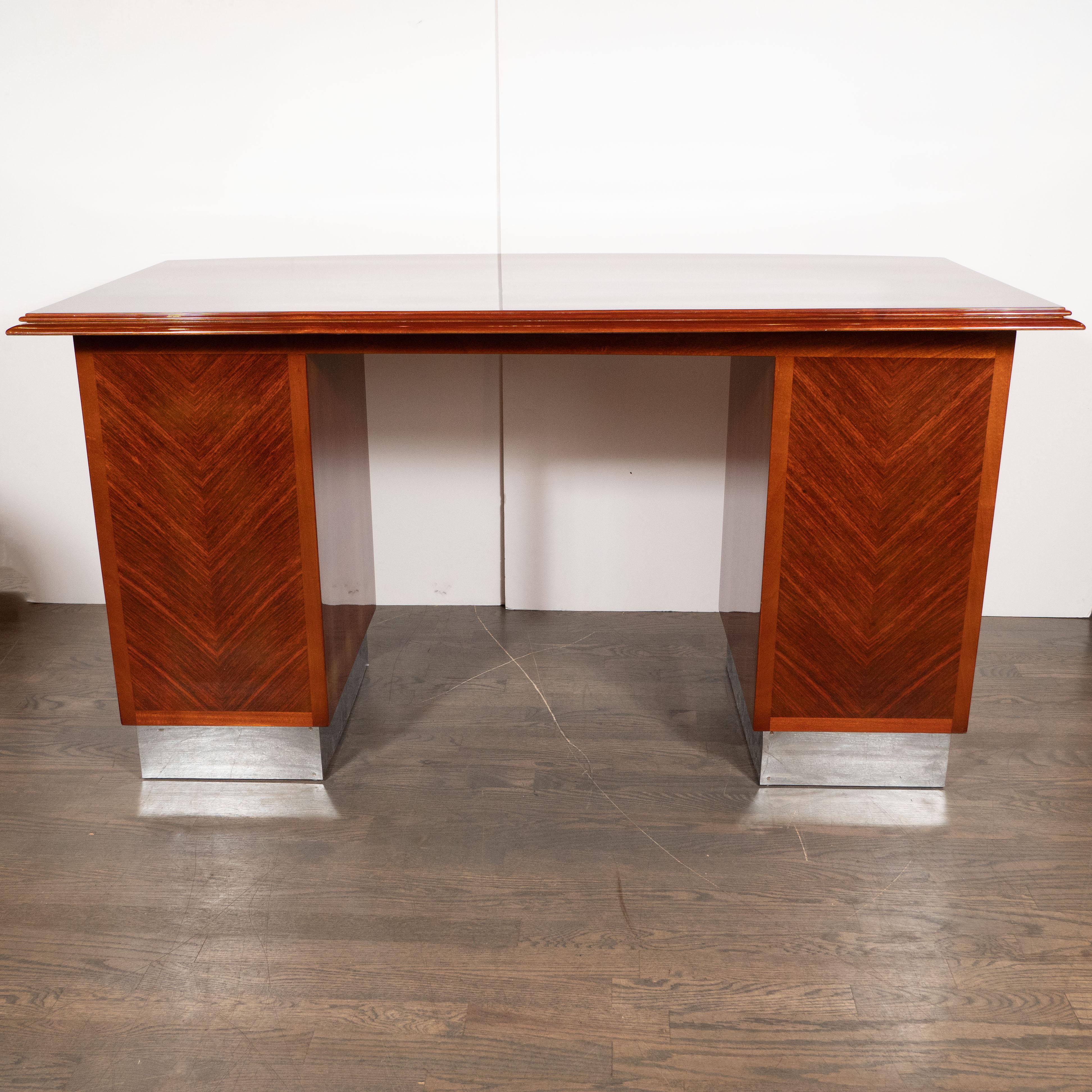 Art Deco Machine Age Bookmatched Bowfront Rosewood Desk with Nickel Wrapped Base 3