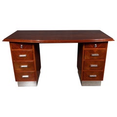 Art Deco Machine Age Bookmatched Bowfront Rosewood Desk with Nickel Wrapped Base