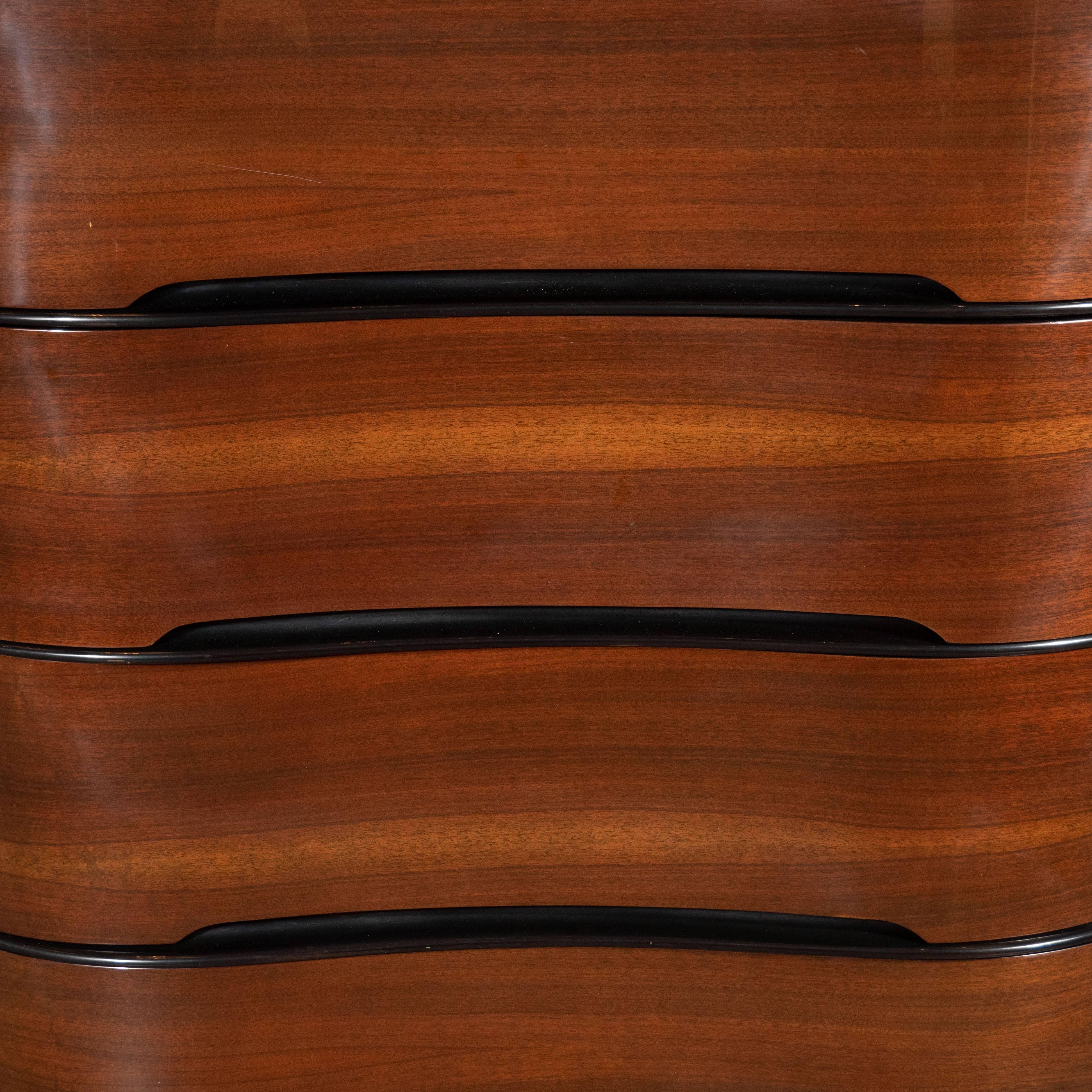American Art Deco Machine Age Bookmatched Mahogany & Black Lacquer Streamlined High Chest