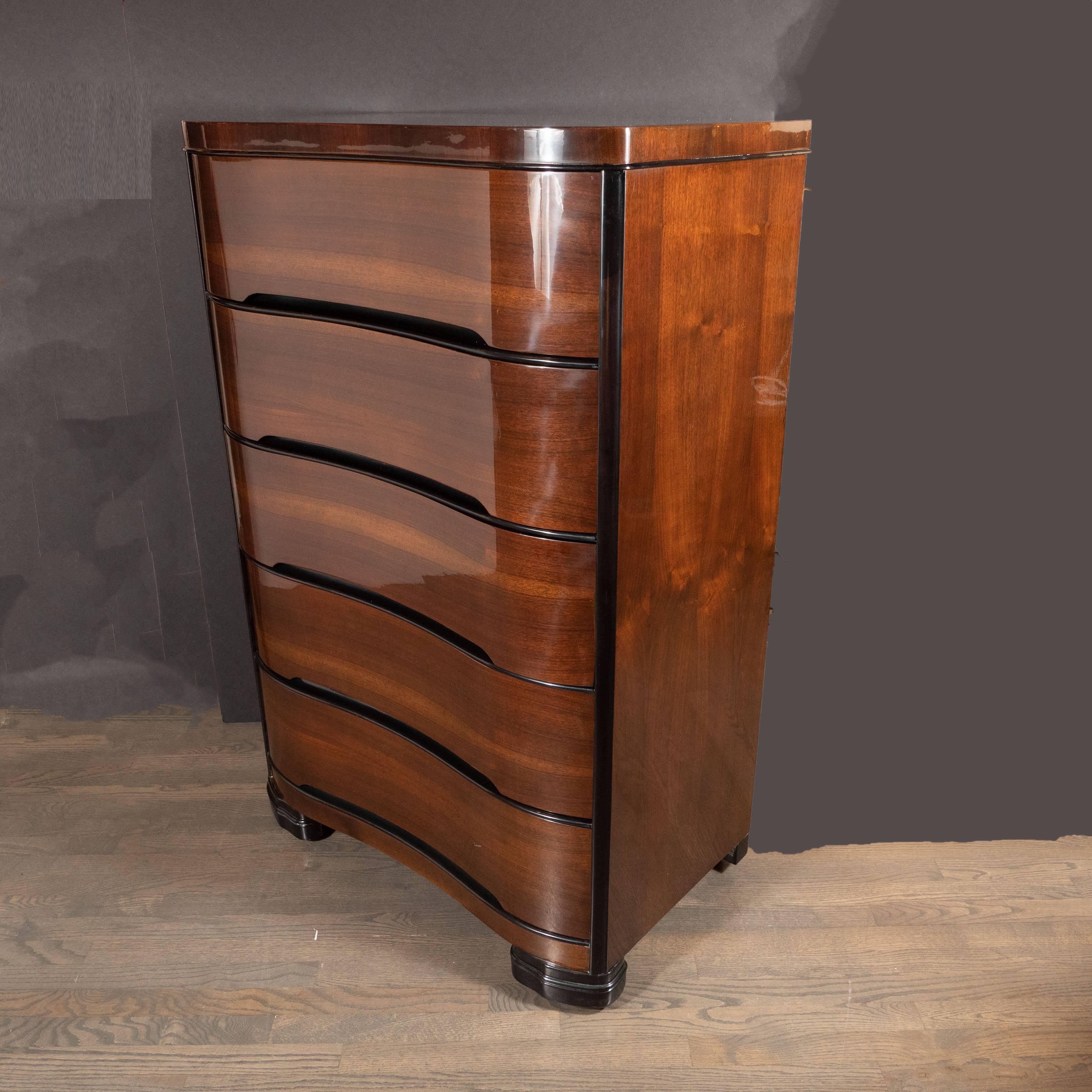 Art Deco Machine Age Bookmatched Mahogany & Black Lacquer Streamlined High Chest In Excellent Condition In New York, NY