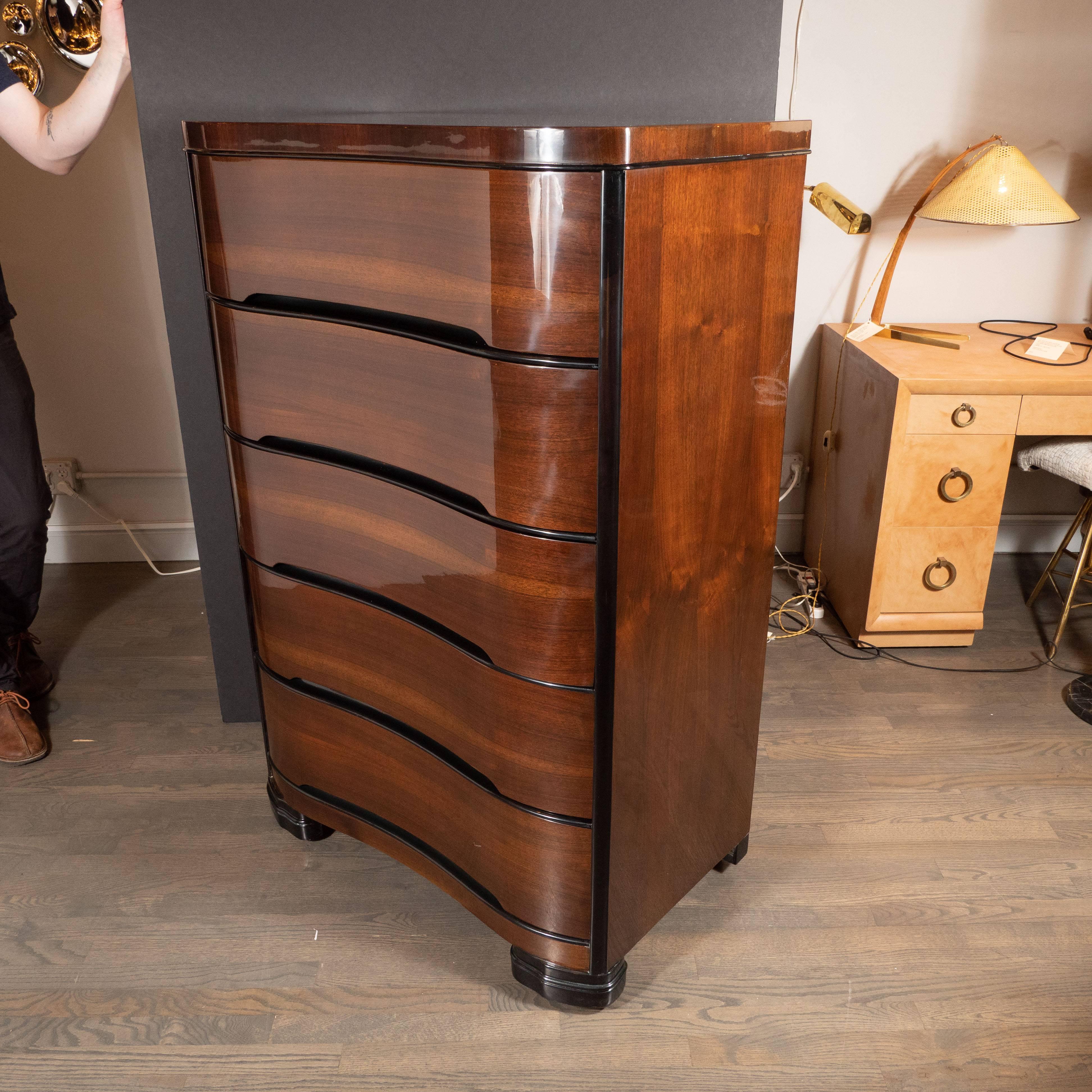 Mid-20th Century Art Deco Machine Age Bookmatched Mahogany & Black Lacquer Streamlined High Chest