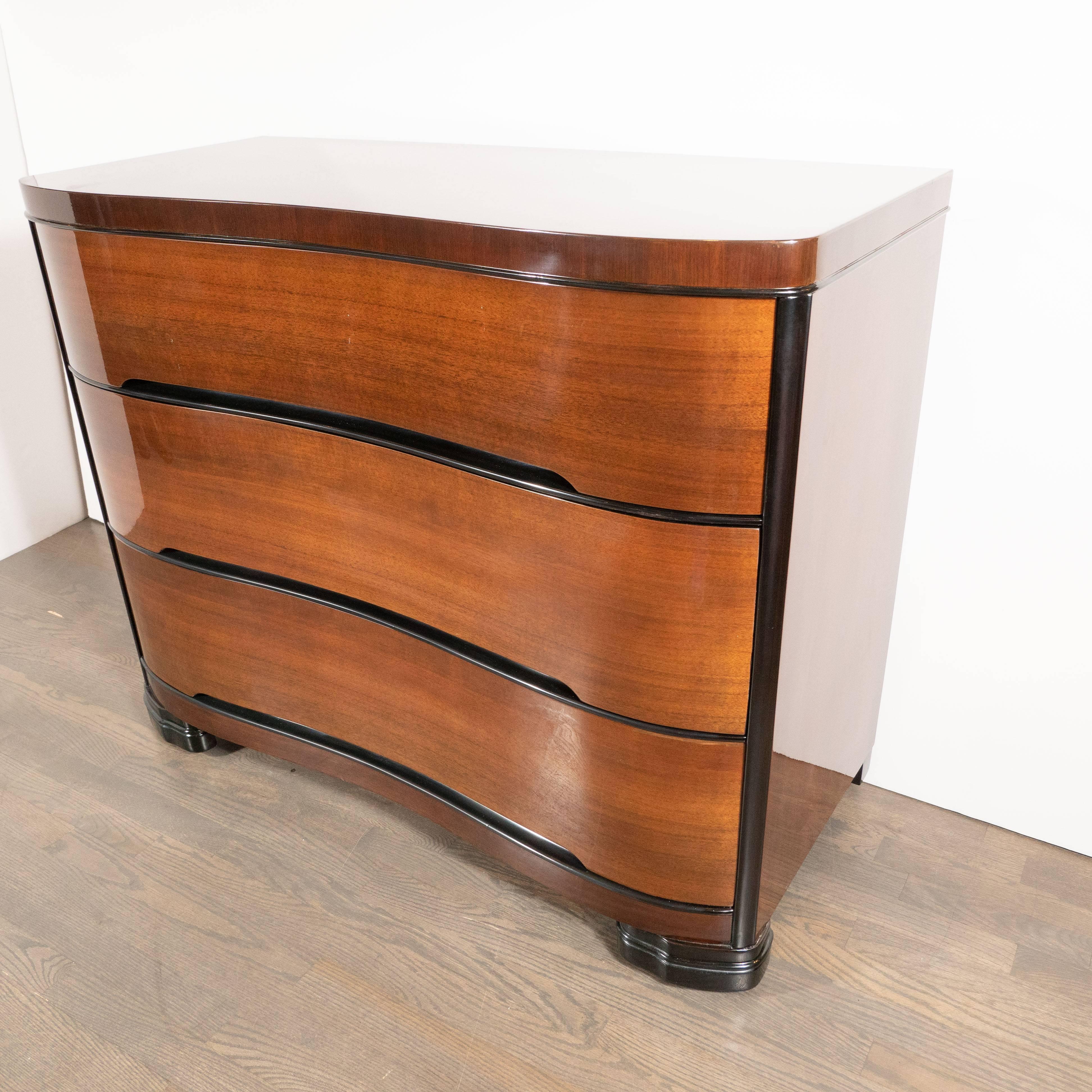 Art Deco Machine Age Bookmatched Mahogany & Black Lacquer Streamlined Low Chest In Excellent Condition In New York, NY