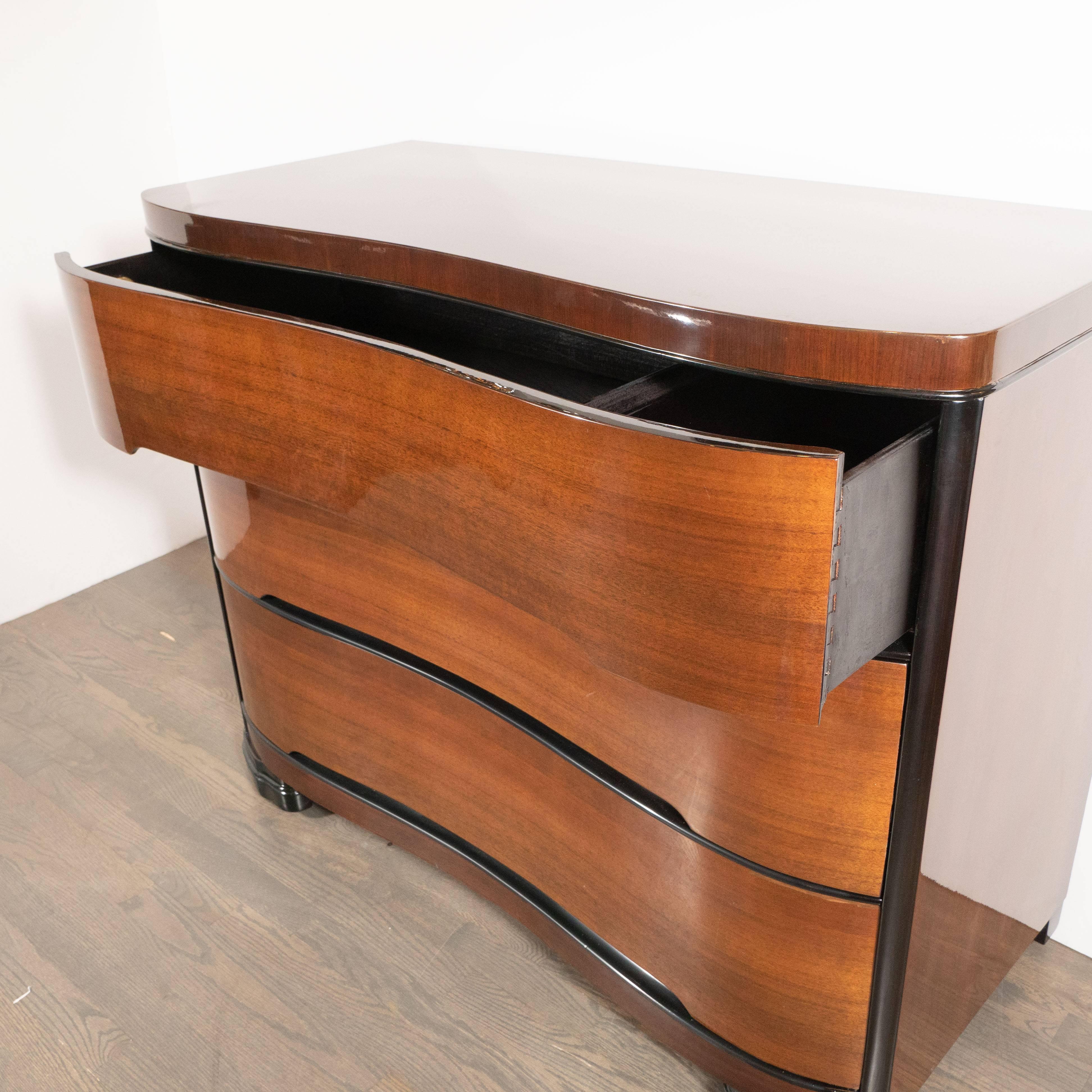 Art Deco Machine Age Bookmatched Mahogany & Black Lacquer Streamlined Low Chest In Excellent Condition In New York, NY