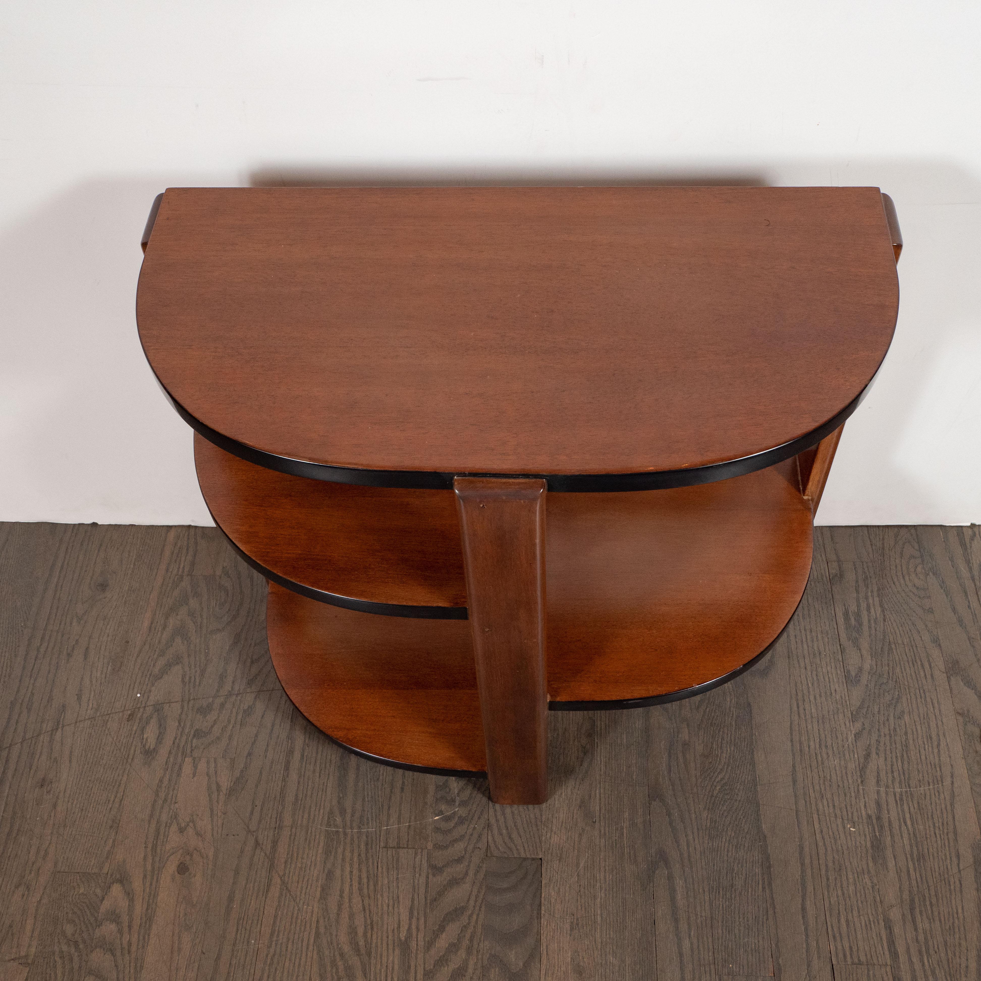 Art Deco Machine Age Bookmatched Walnut & Black Lacquer 4-Tier End/Side Table In Excellent Condition In New York, NY