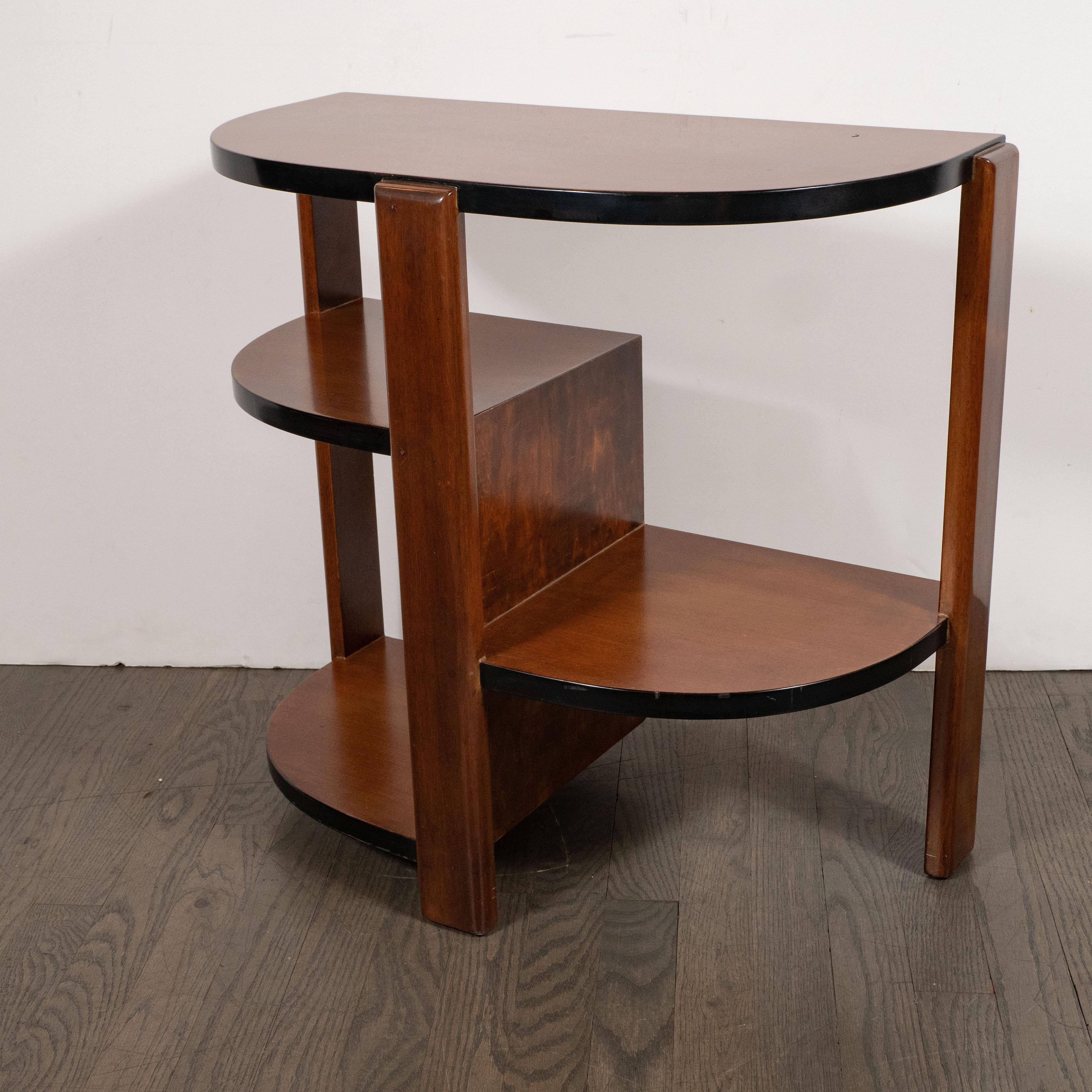 Mid-20th Century Art Deco Machine Age Bookmatched Walnut & Black Lacquer 4-Tier End/Side Table