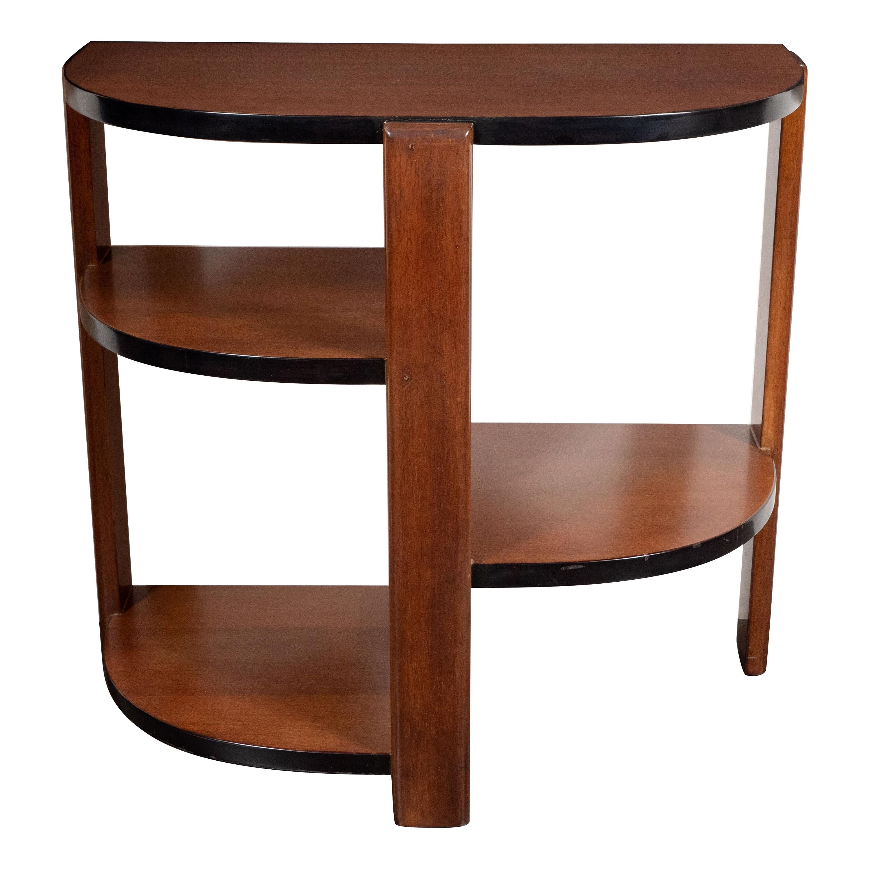 Art Deco Machine Age Bookmatched Walnut & Black Lacquer 4-Tier End/Side Table