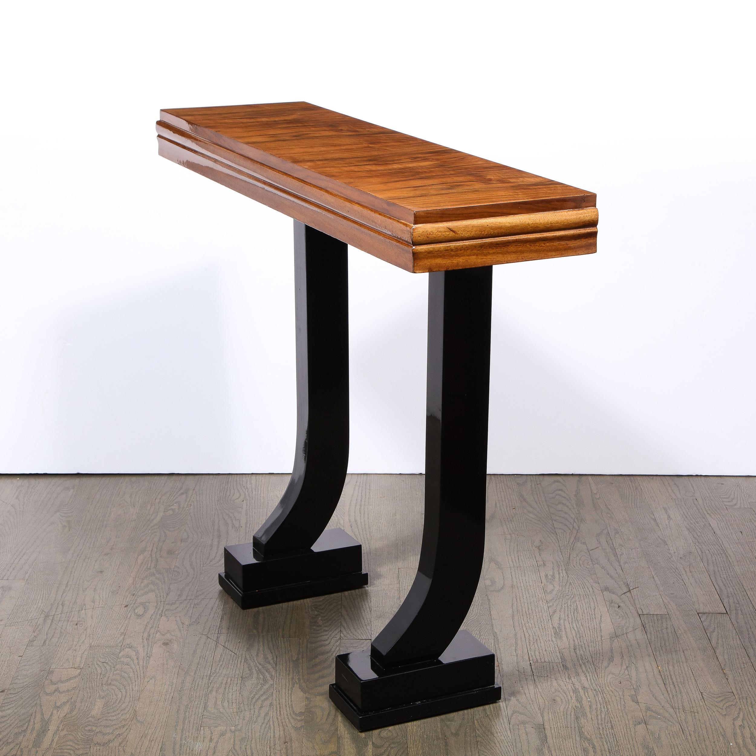 American Art Deco Machine Age Bookmatched Walnut & Black Lacquer Console Table