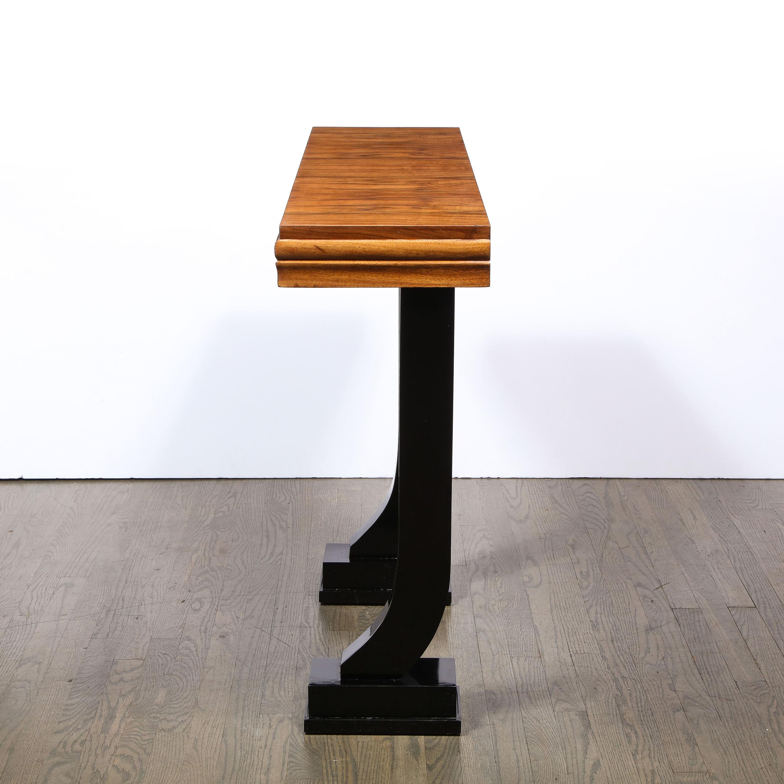 Art Deco Machine Age Bookmatched Walnut & Black Lacquer Console Table In Excellent Condition In New York, NY