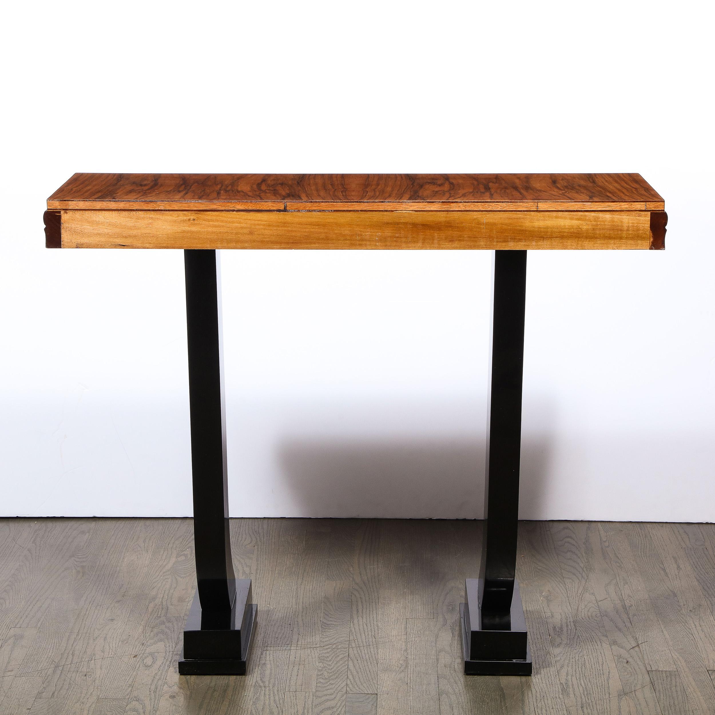Mid-20th Century Art Deco Machine Age Bookmatched Walnut & Black Lacquer Console Table