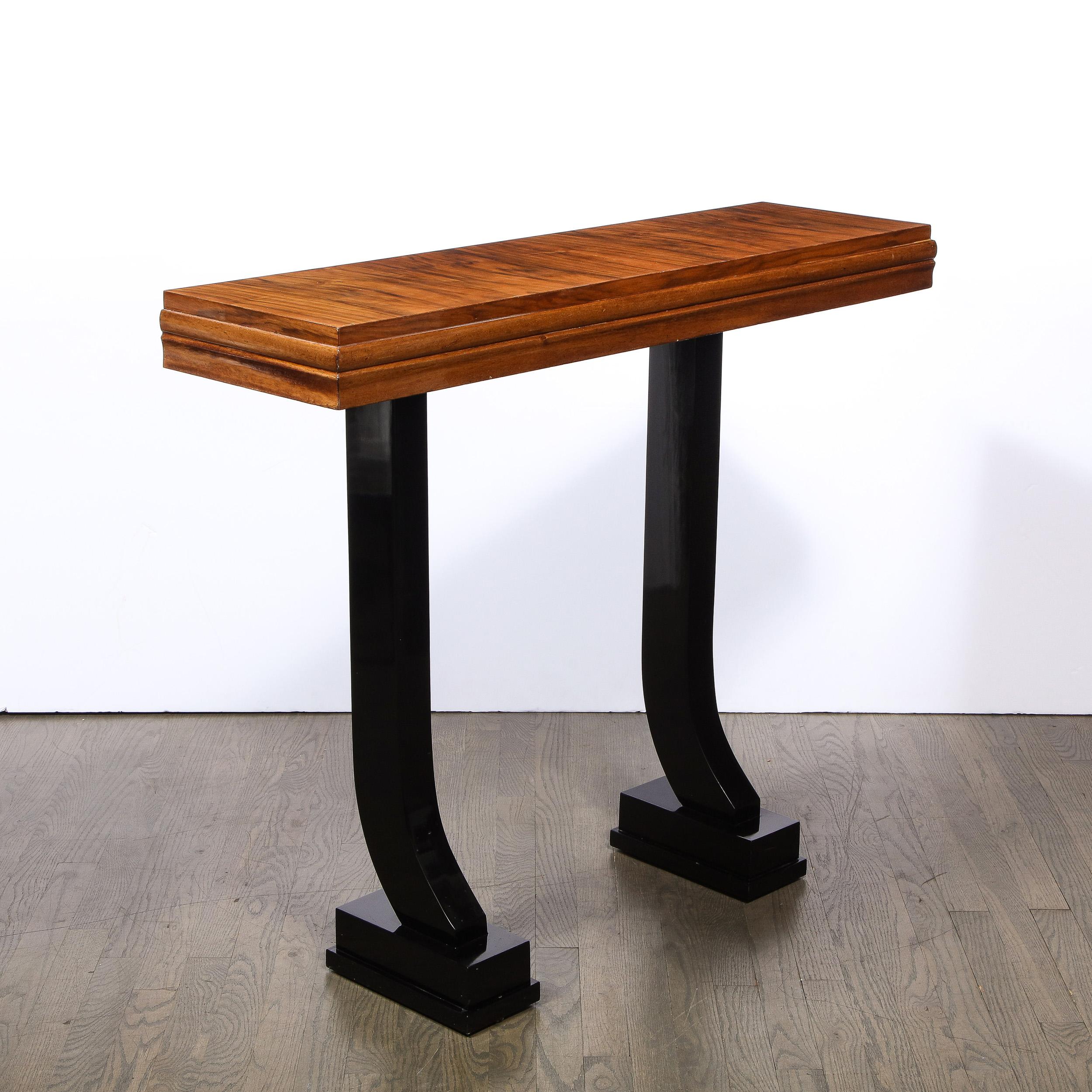 Art Deco Machine Age Bookmatched Walnut & Black Lacquer Console Table 1