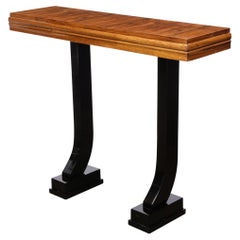 Art Deco Machine Age Bookmatched Walnut & Black Lacquer Console Table