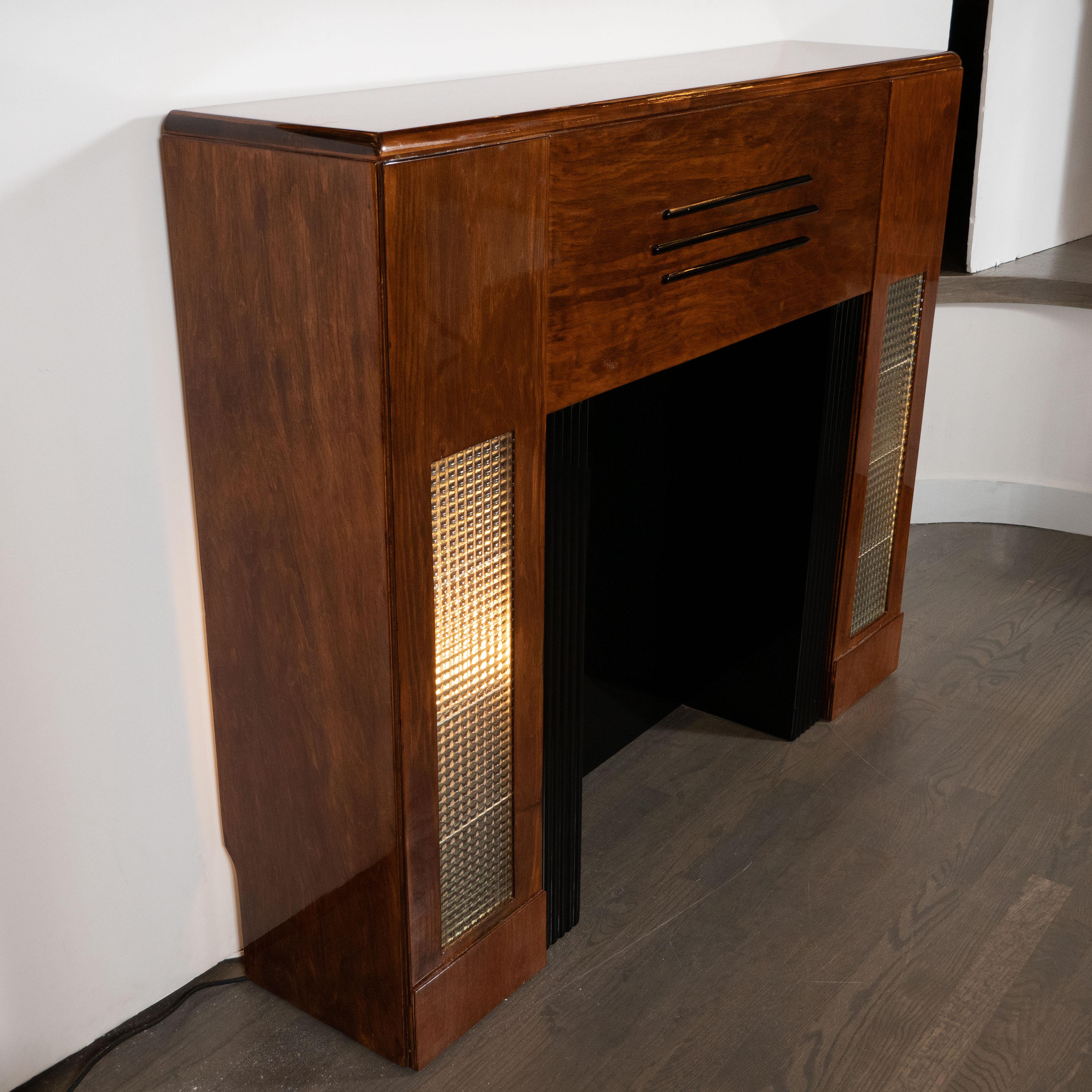 Mid-20th Century Art Deco Machine Age Bookmatched Walnut, Lacquer & Textured Glass Fireplace