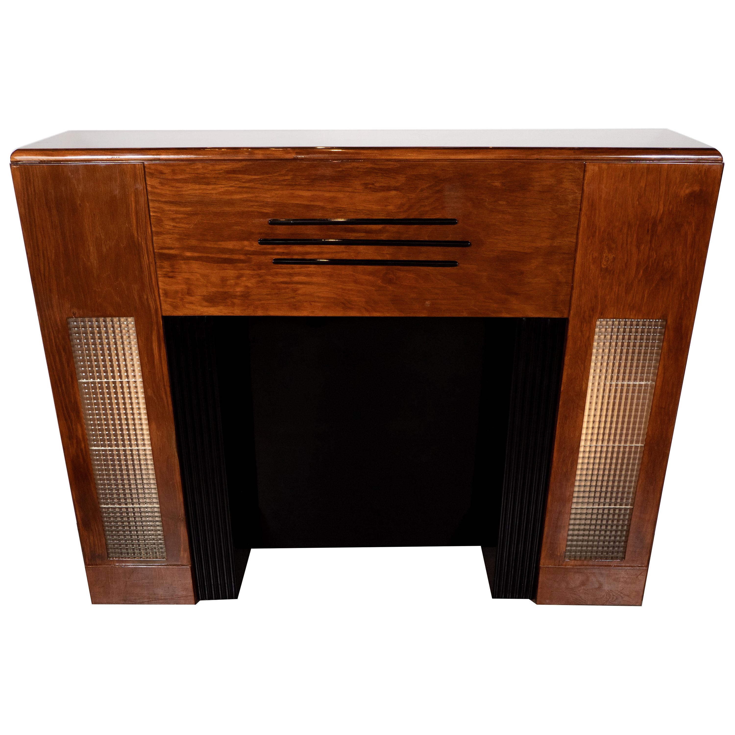 Art Deco Machine Age Bookmatched Walnut, Lacquer & Textured Glass Fireplace