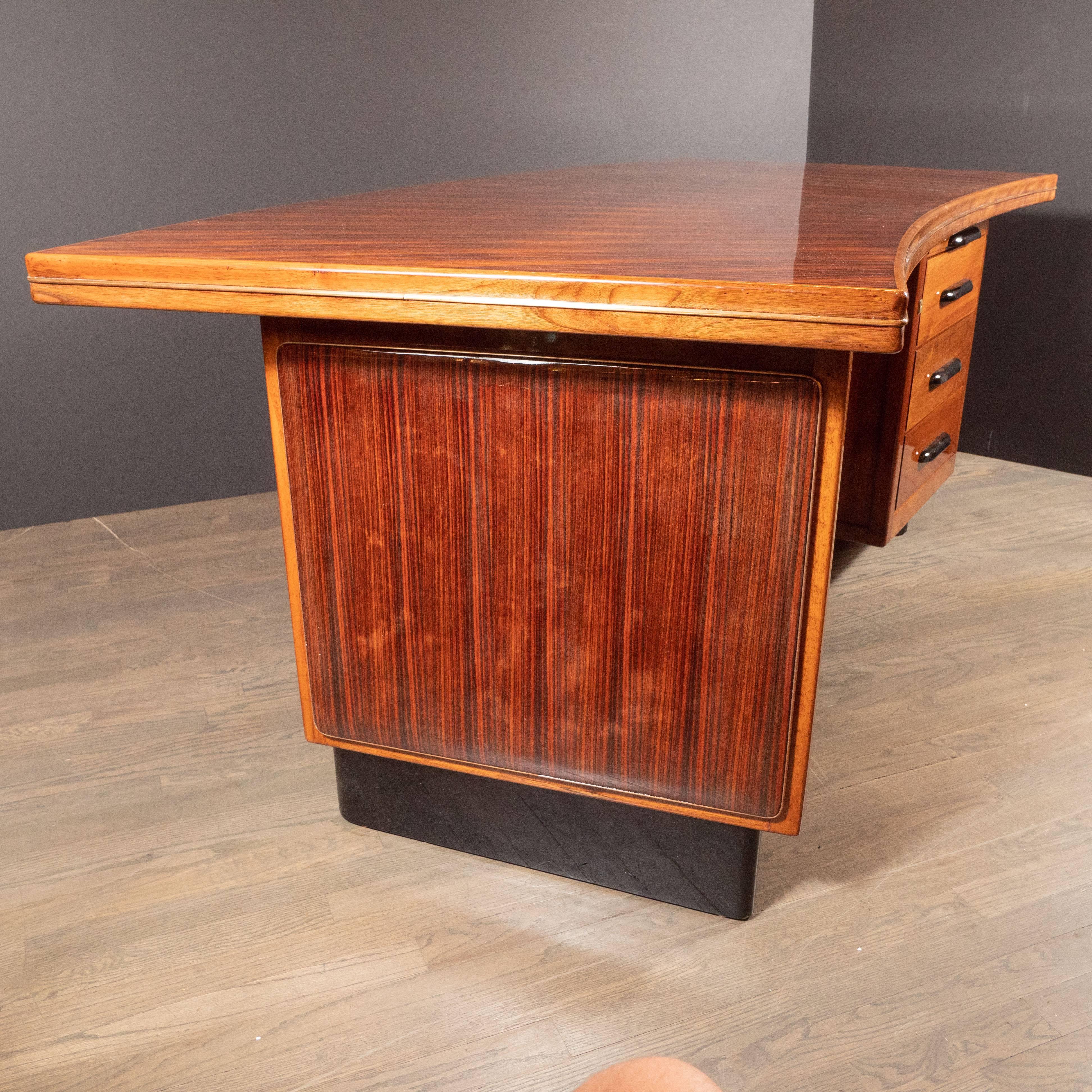 Art Deco Machine Age Bow Front Bookmatched Rosewood, Walnut & Black Lacquer Desk 7