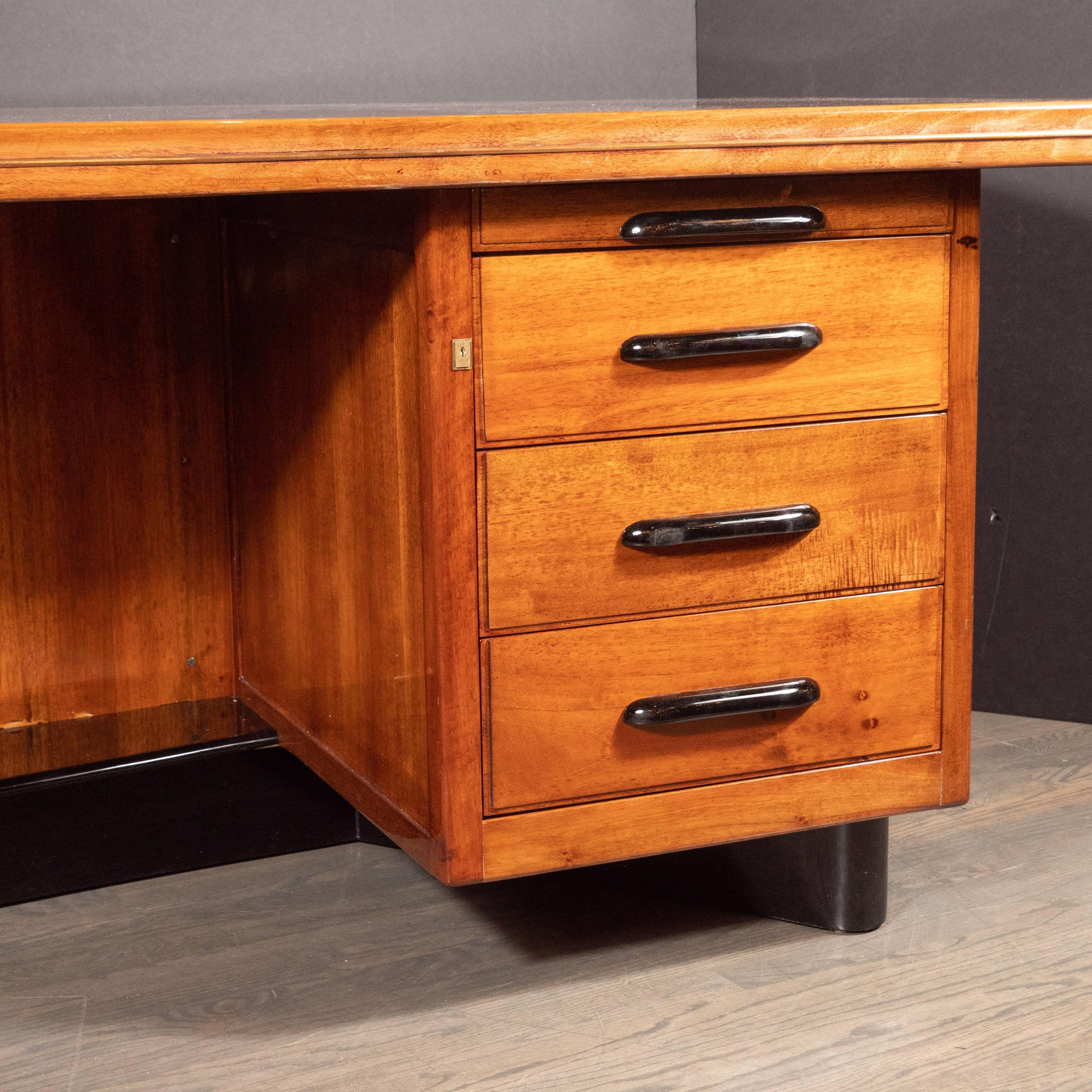 Mid-20th Century Art Deco Machine Age Bow Front Bookmatched Rosewood, Walnut & Black Lacquer Desk