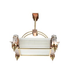 Art Deco Machine Age Brass & Copper Rectangular Chandelier by René Pottier