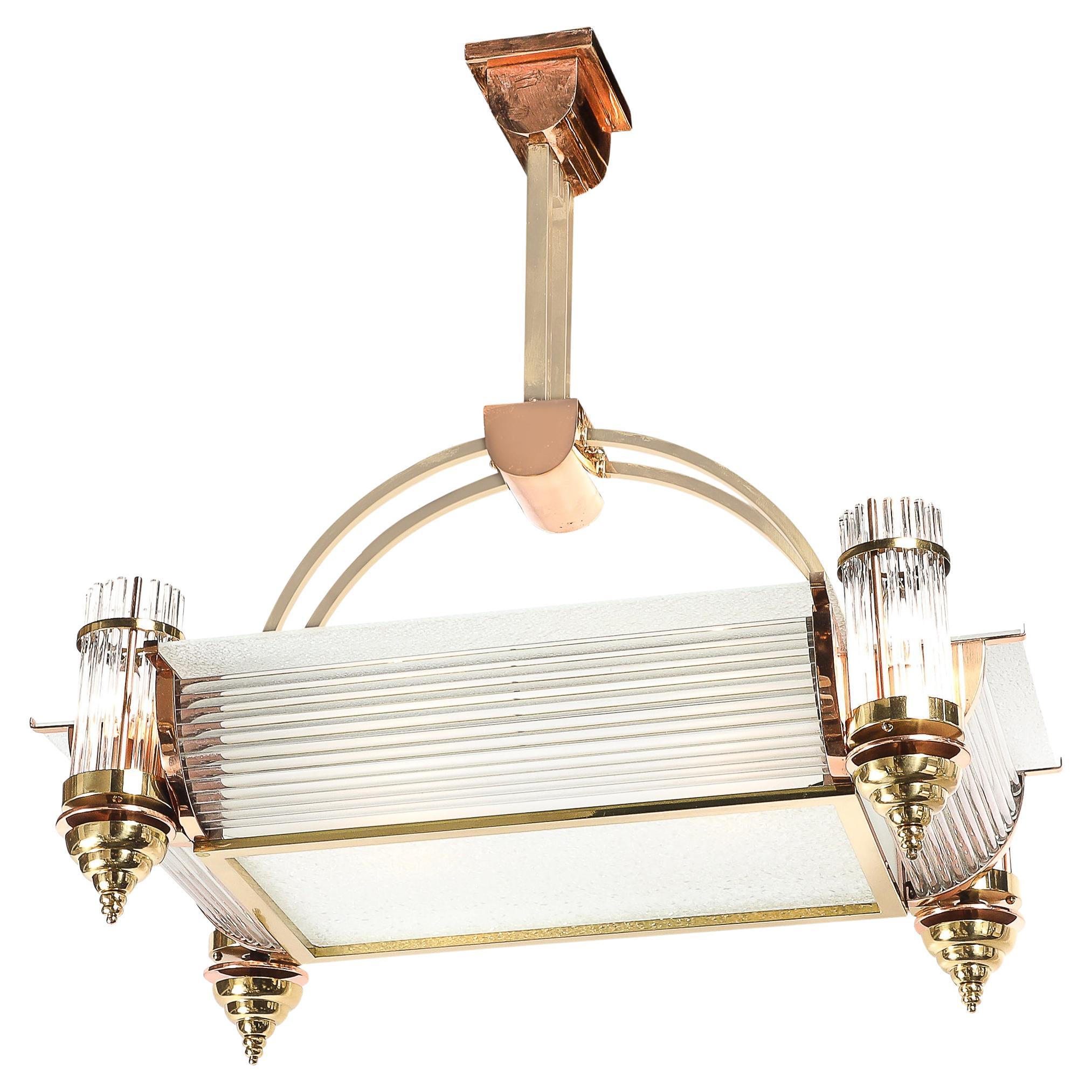 Art Deco Machine Age Brass & Copper Rectangular Chandelier by René Pottier For Sale