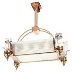Art Deco Machine Age Brass & Copper Rectangular Chandelier by René Pottier