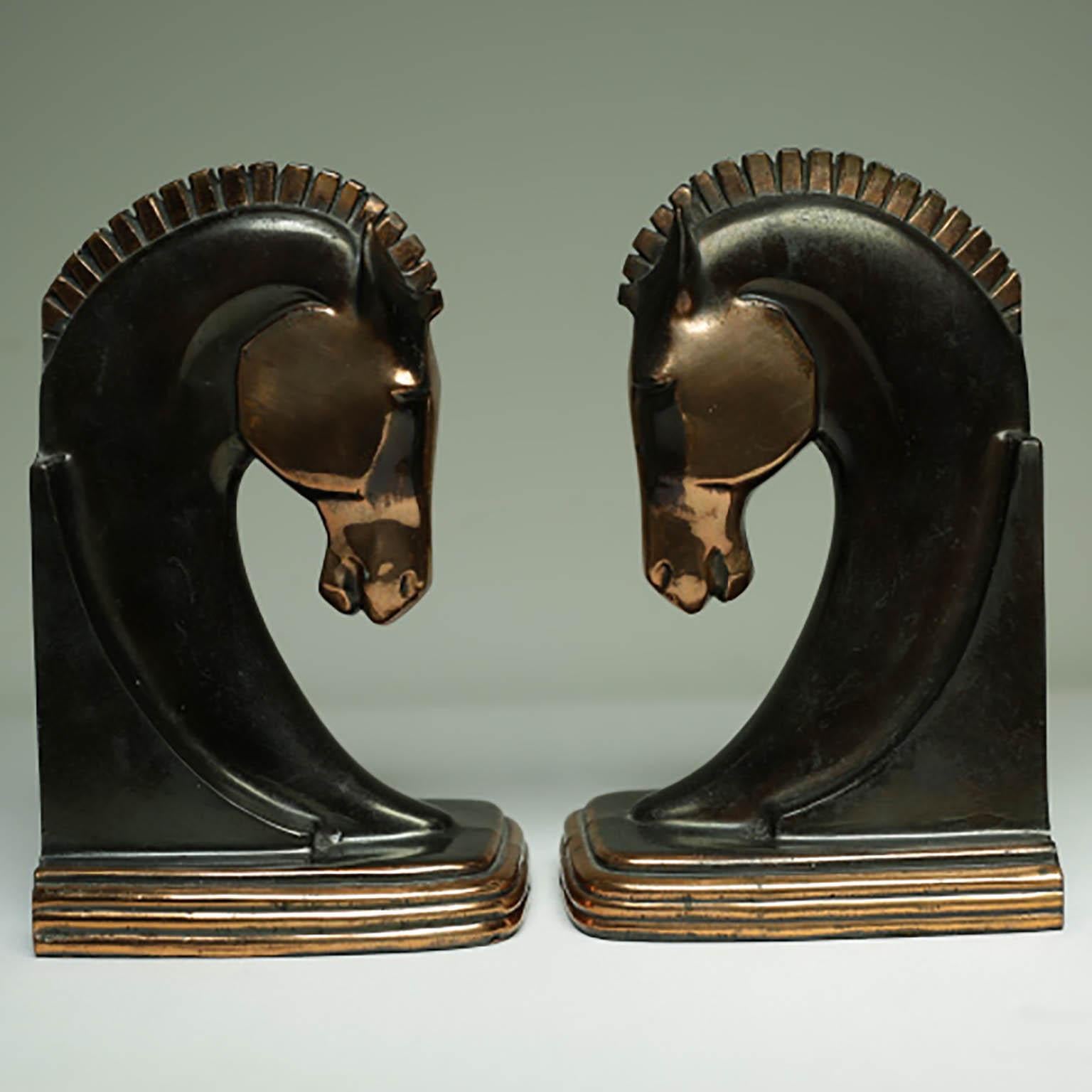 Art Deco Machine Age Bronze/Copper-Plated Trojan Horse Bookends, circa 1930s In Excellent Condition In San Francisco, CA