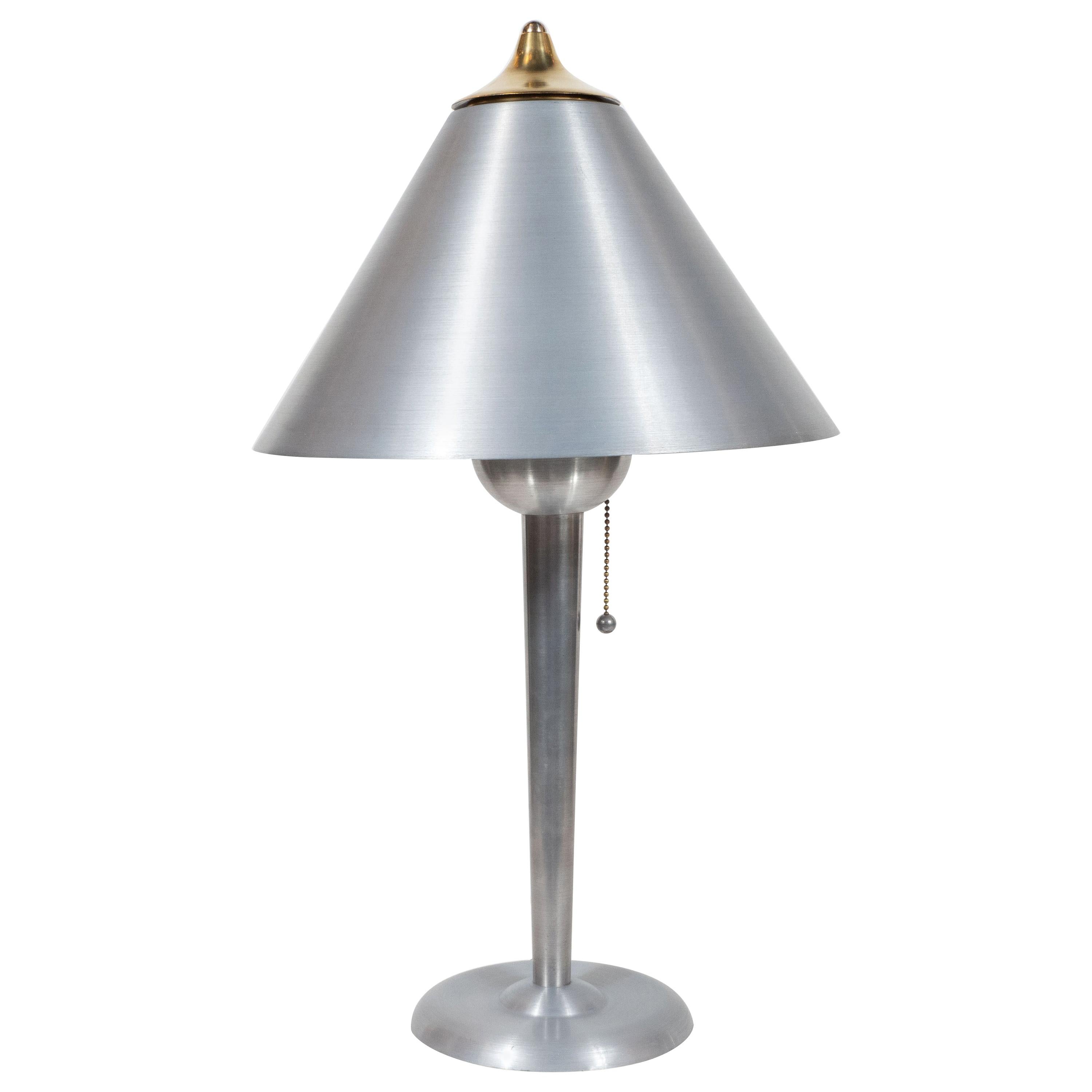 Art Deco Machine Age Brushed Aluminum and Brass Table Lamp