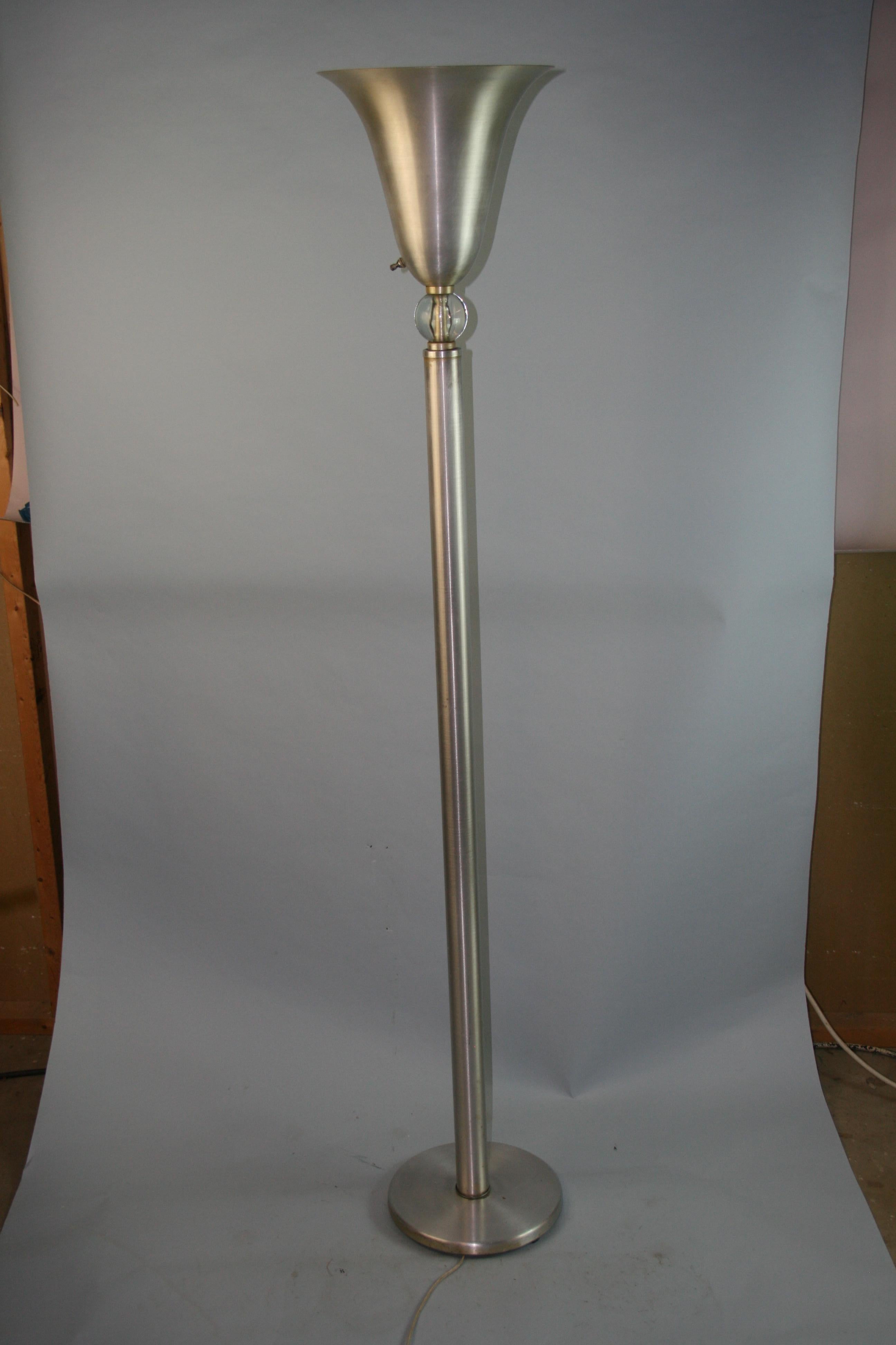 Art Deco Machine Age Brushed Aluminum and Glass Torchiere by Russel Wright For Sale 3