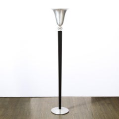 Art Deco Machine Age Brushed Aluminum & Black Lacquer Torchiere by Russel Wright