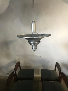 Art Deco, Machine Age Brushed Aluminum "Bullit' Hanging Pendant Chandelier