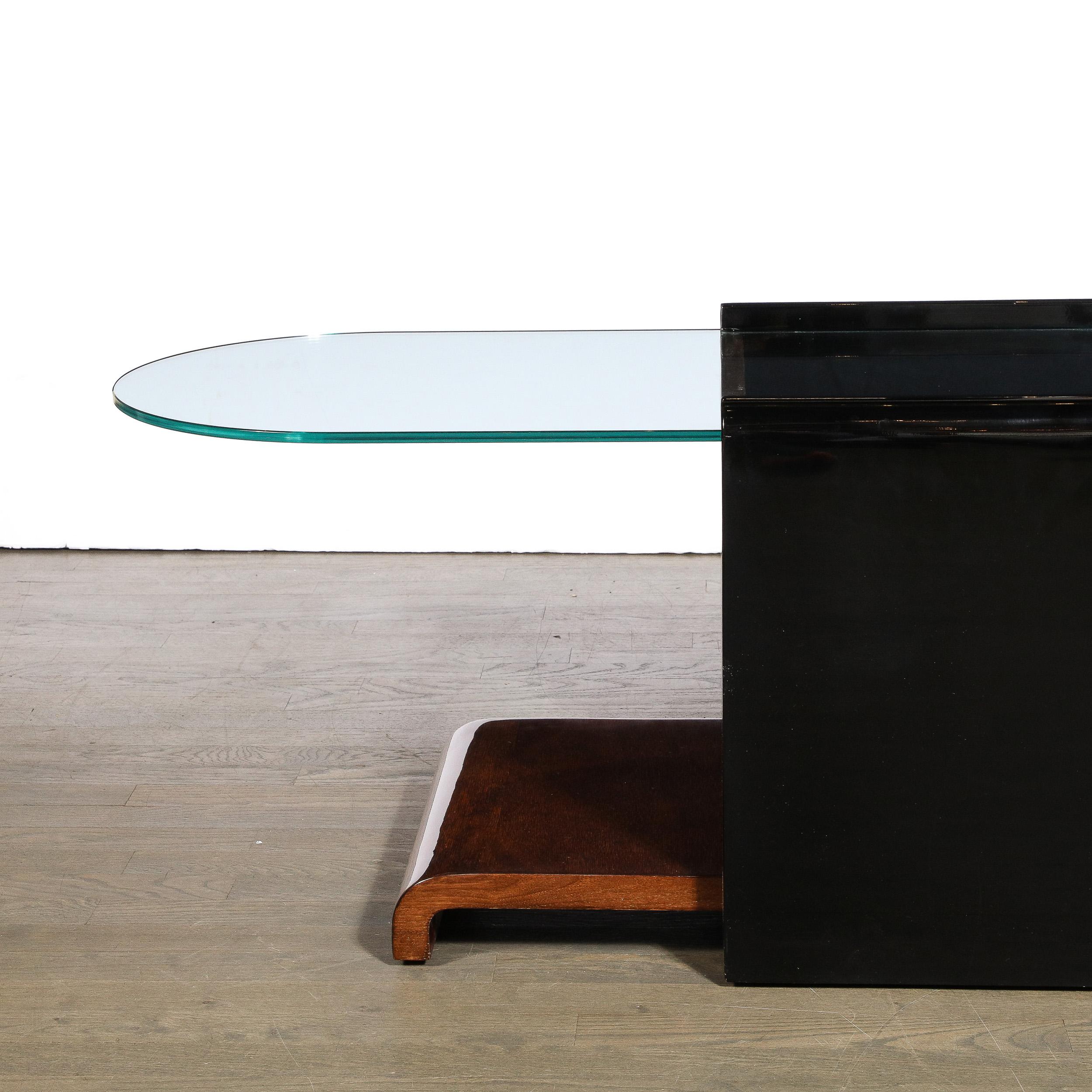 Art Deco Machine Age Bullet Form Glass Top Cocktail Table in Book-Matched Walnut In Excellent Condition For Sale In New York, NY