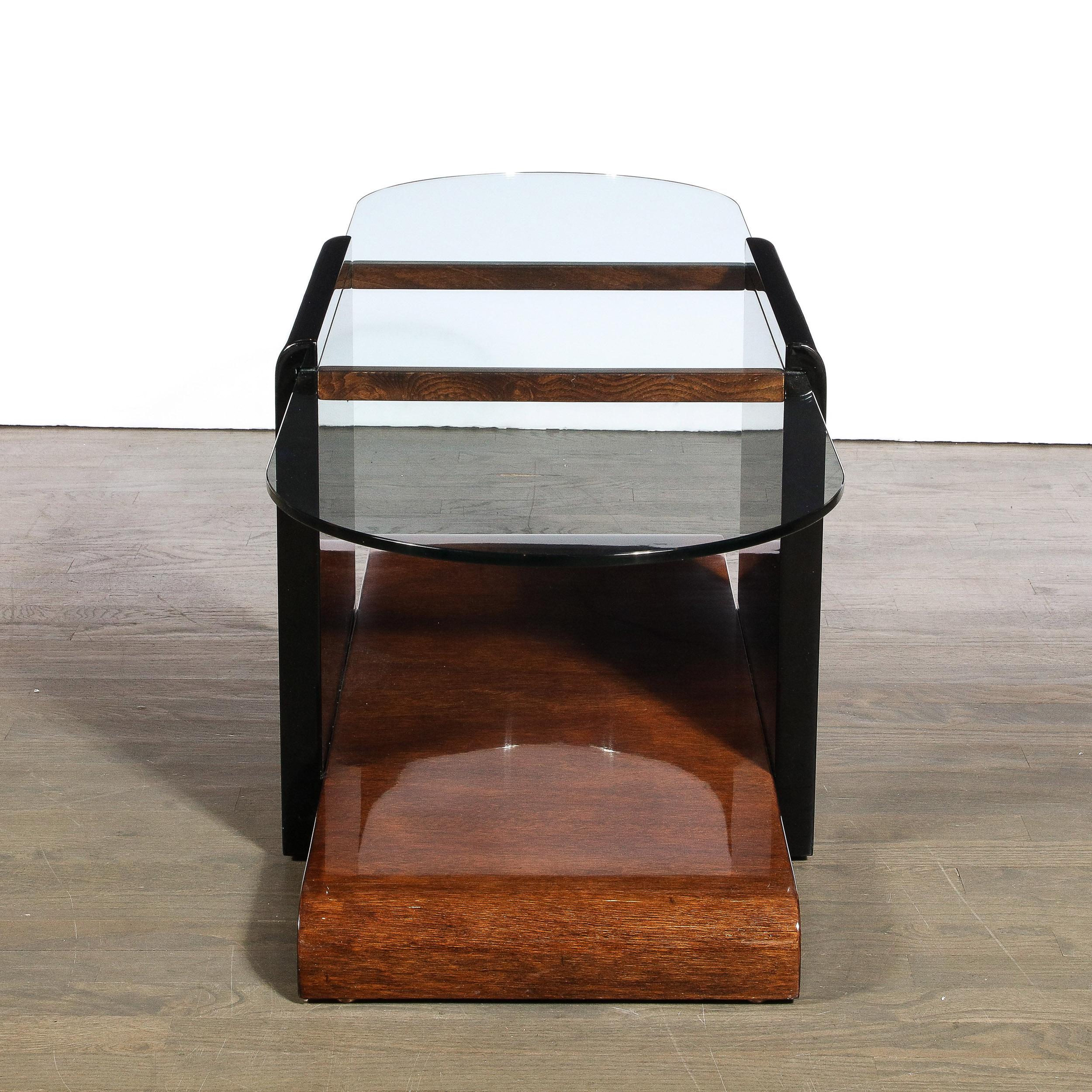 Art Deco Machine Age Bullet Form Glass Top Cocktail Table in Book-Matched Walnut For Sale 2