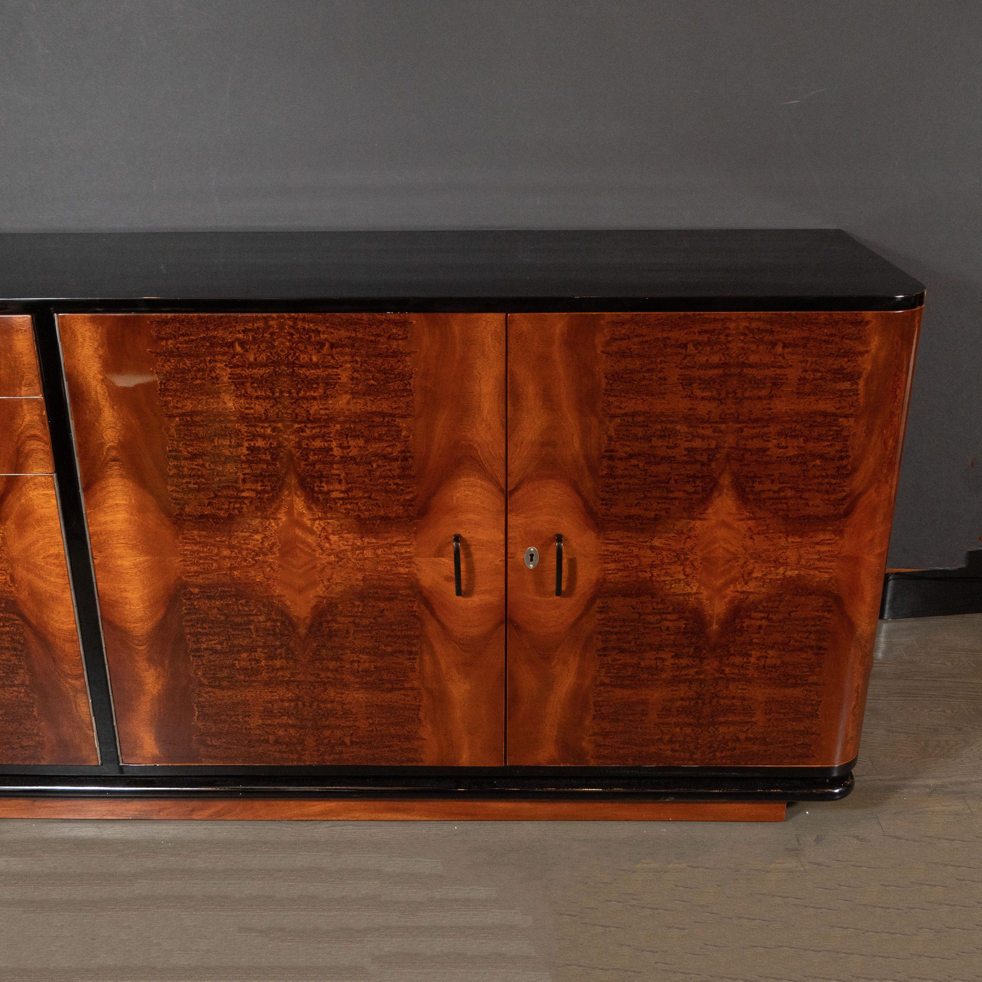 American Art Deco Machine Age Burled Bookmatched Walnut and Black Lacquer Sideboard