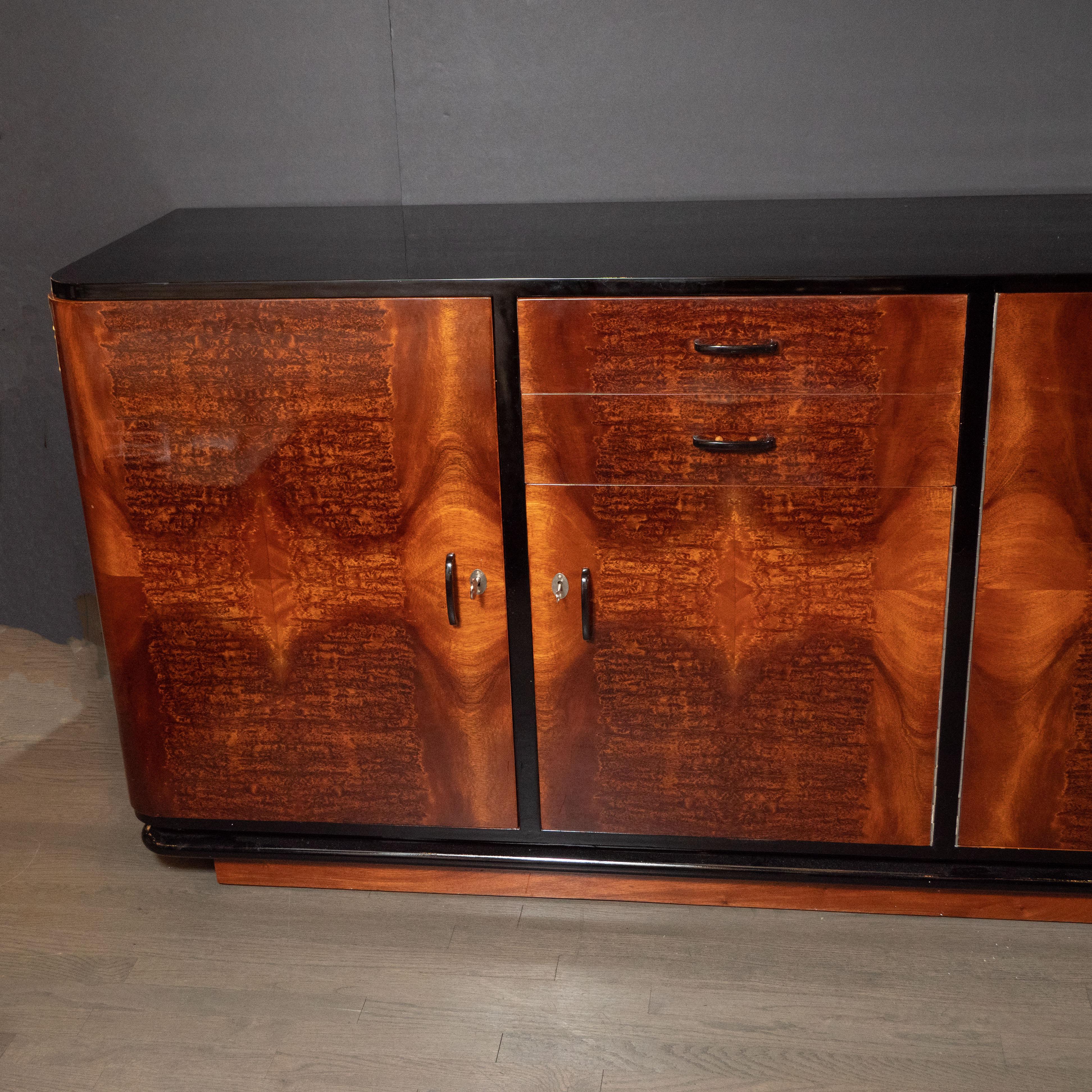 Art Deco Machine Age Burled Bookmatched Walnut and Black Lacquer Sideboard In Excellent Condition In New York, NY