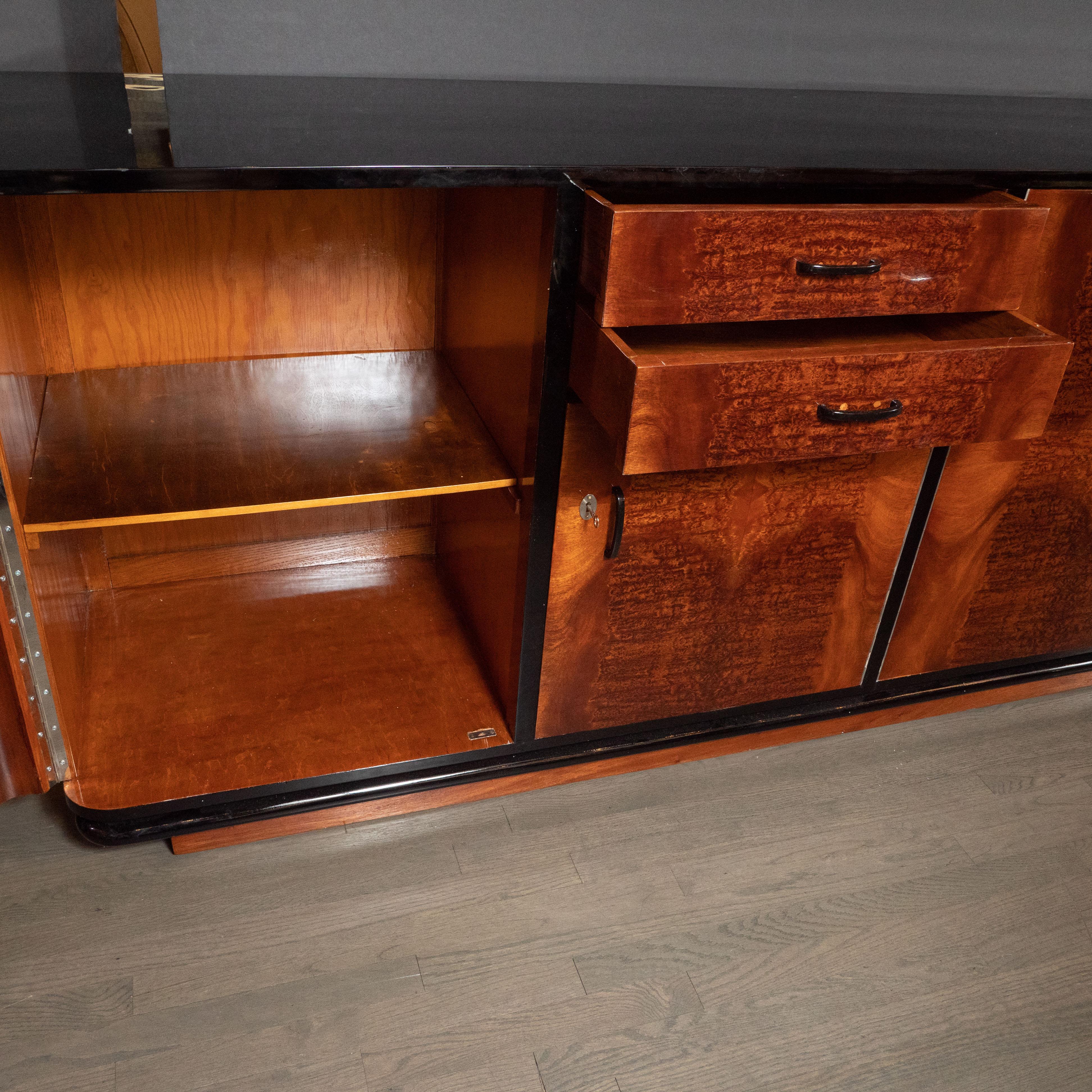 Art Deco Machine Age Burled Bookmatched Walnut and Black Lacquer Sideboard 3