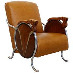 Art Deco Machine Age Carved Wood and Curved Chrome Lounge Armchair, 1940s