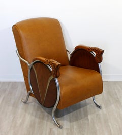 Art Deco Maschinenzeitalter geschnitztes Holz und geschwungener Chrom-Sessel:: 1940er Jahre