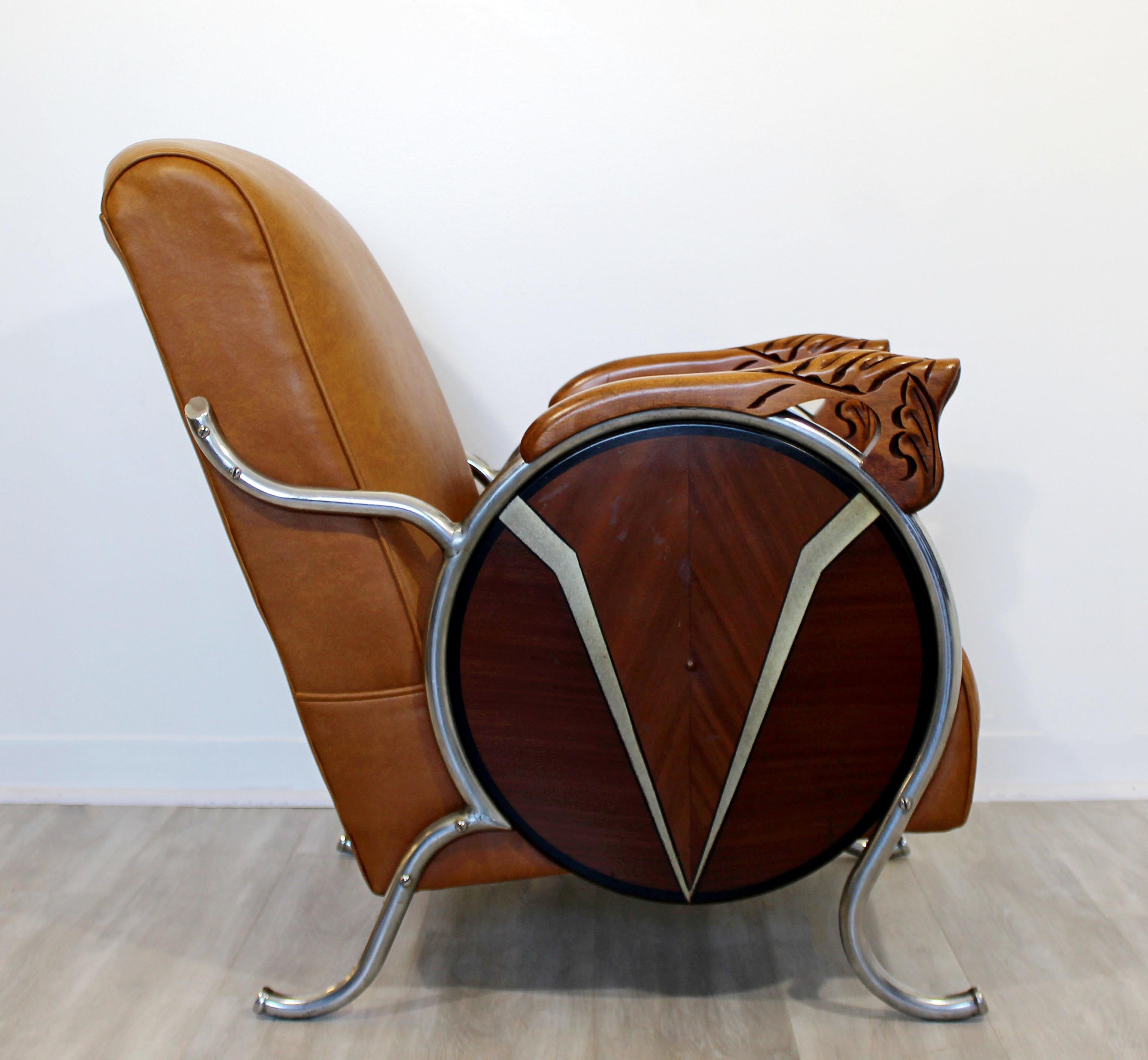 Mid-20th Century Art Deco Machine Age Carved Wood and Curved Chrome Lounge Armchair, 1940s