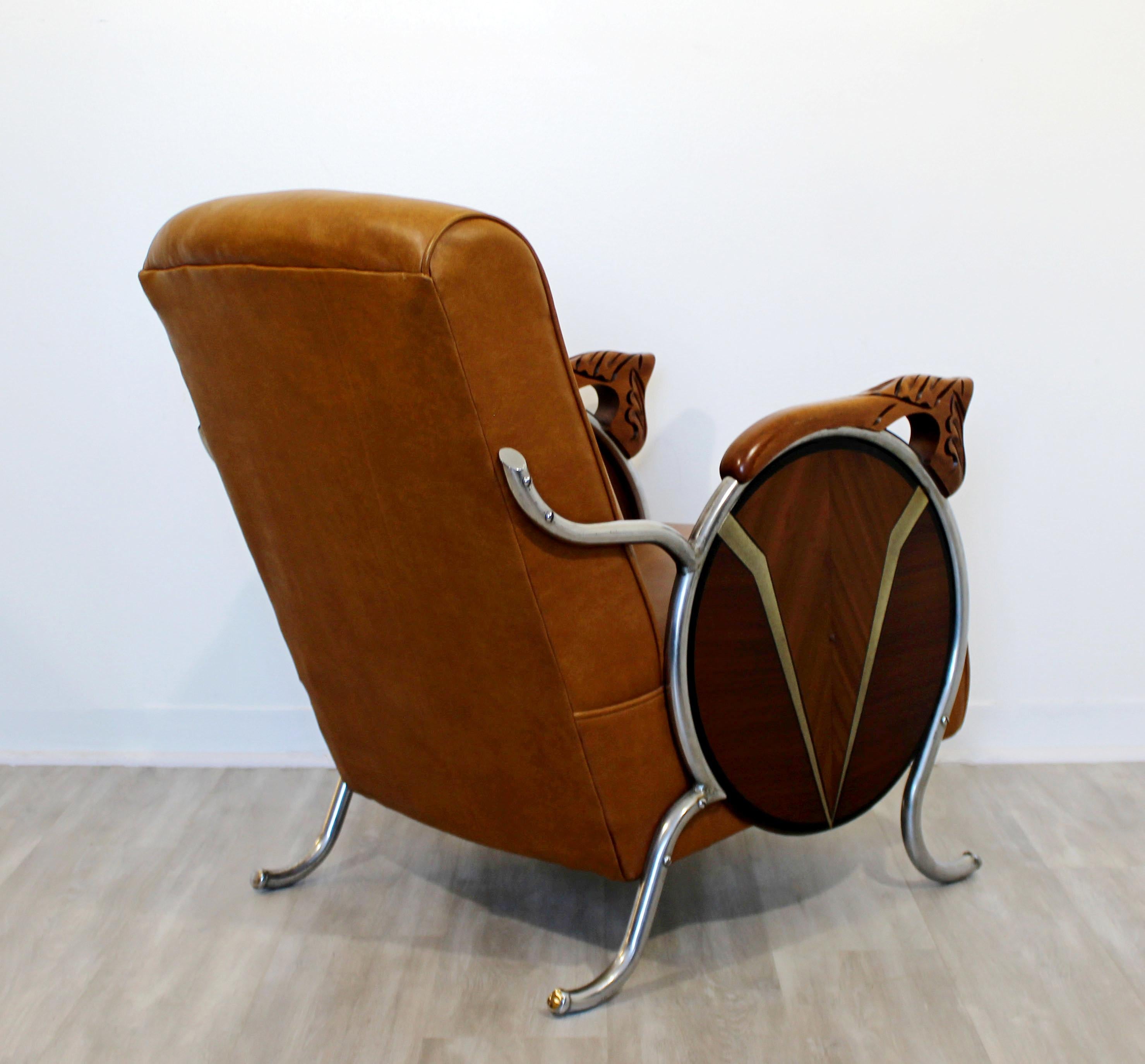Art Deco Machine Age Carved Wood and Curved Chrome Lounge Armchair, 1940s 1