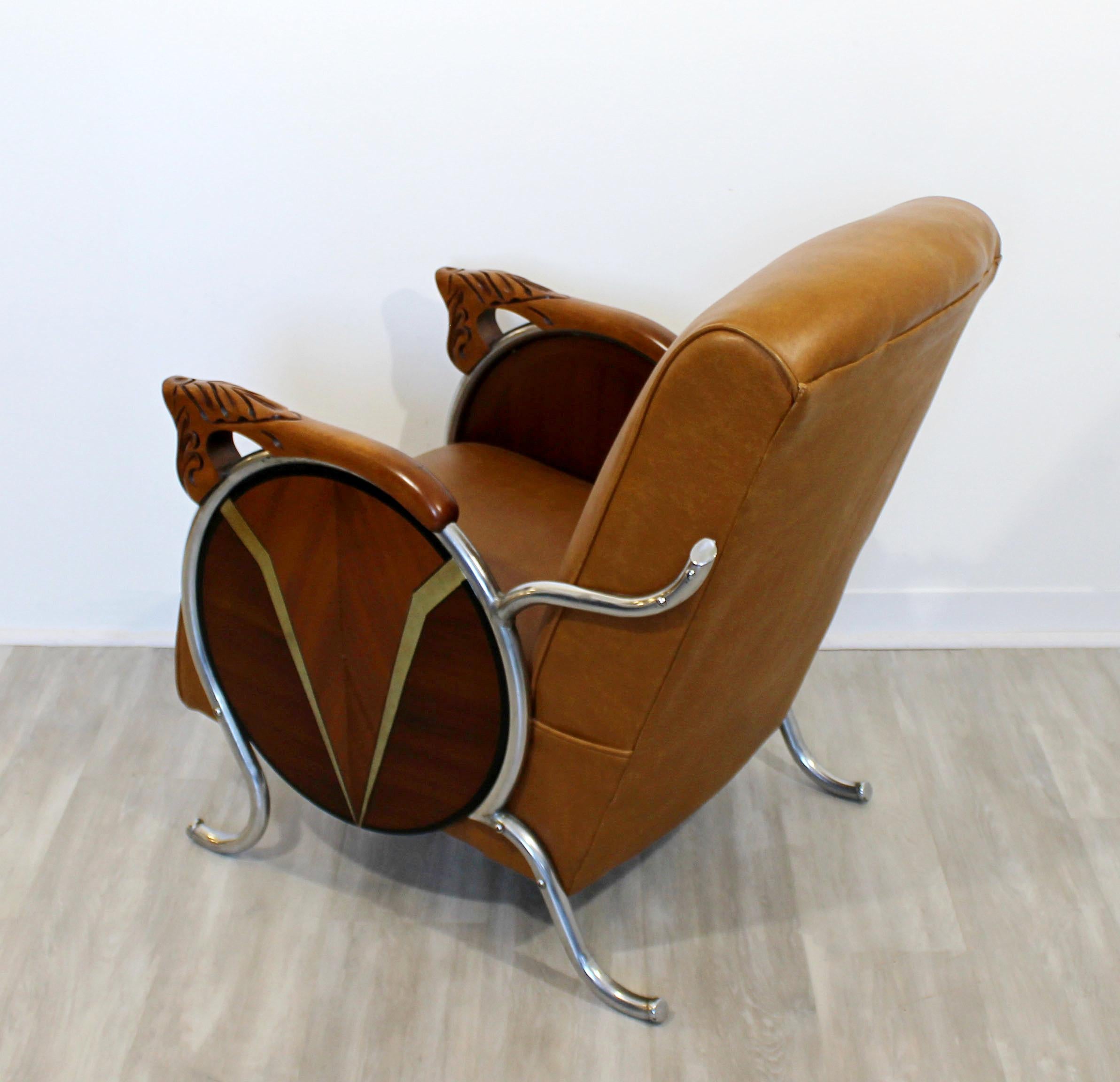 Art Deco Machine Age Carved Wood and Curved Chrome Lounge Armchair, 1940s 3