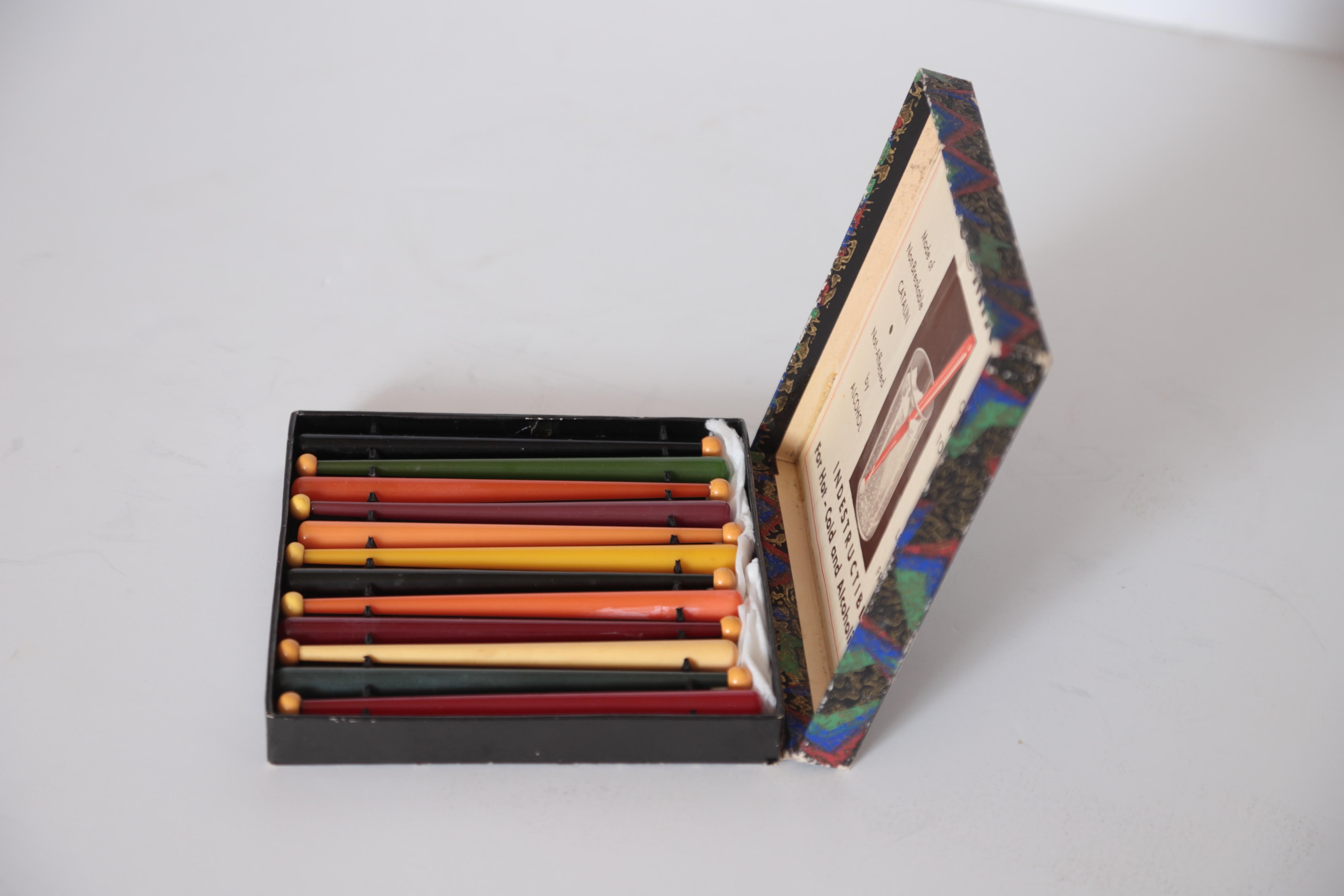 Mid-20th Century Art Deco Machine Age Catalin Cocktail Muddlers in Original Box Swizzle Sticks