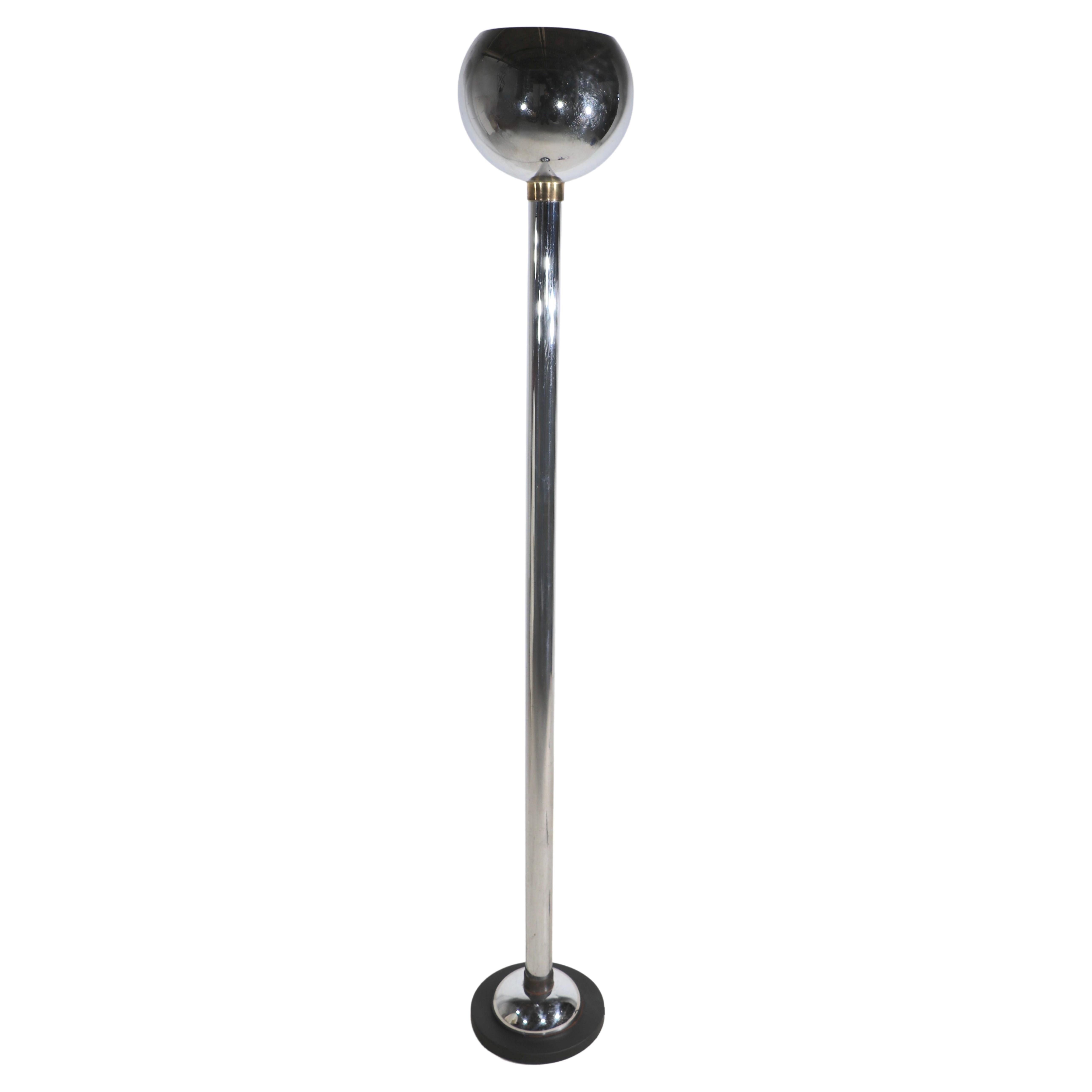 Art Deco Machine Age Chrome and Black Torchiere Uplight Floor Lamp, Ca. 1930's For Sale