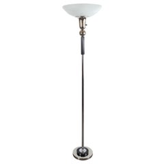 Art Deco Machine Age Chrome and Ebonized Walnut Torchiere with Milk Glass Shade