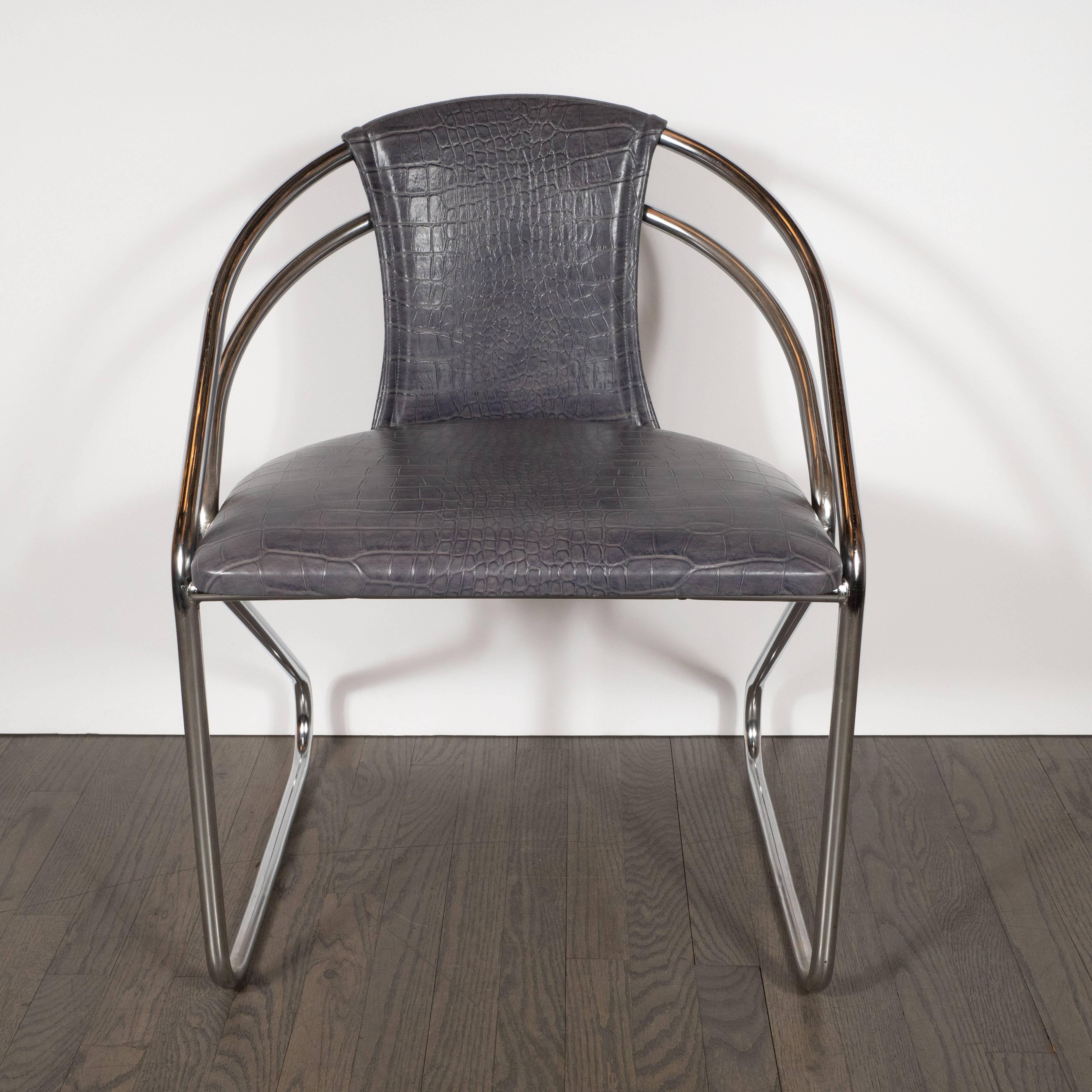 American Art Deco Machine Age Chrome and Gauffraged Crocodile Leather Chair