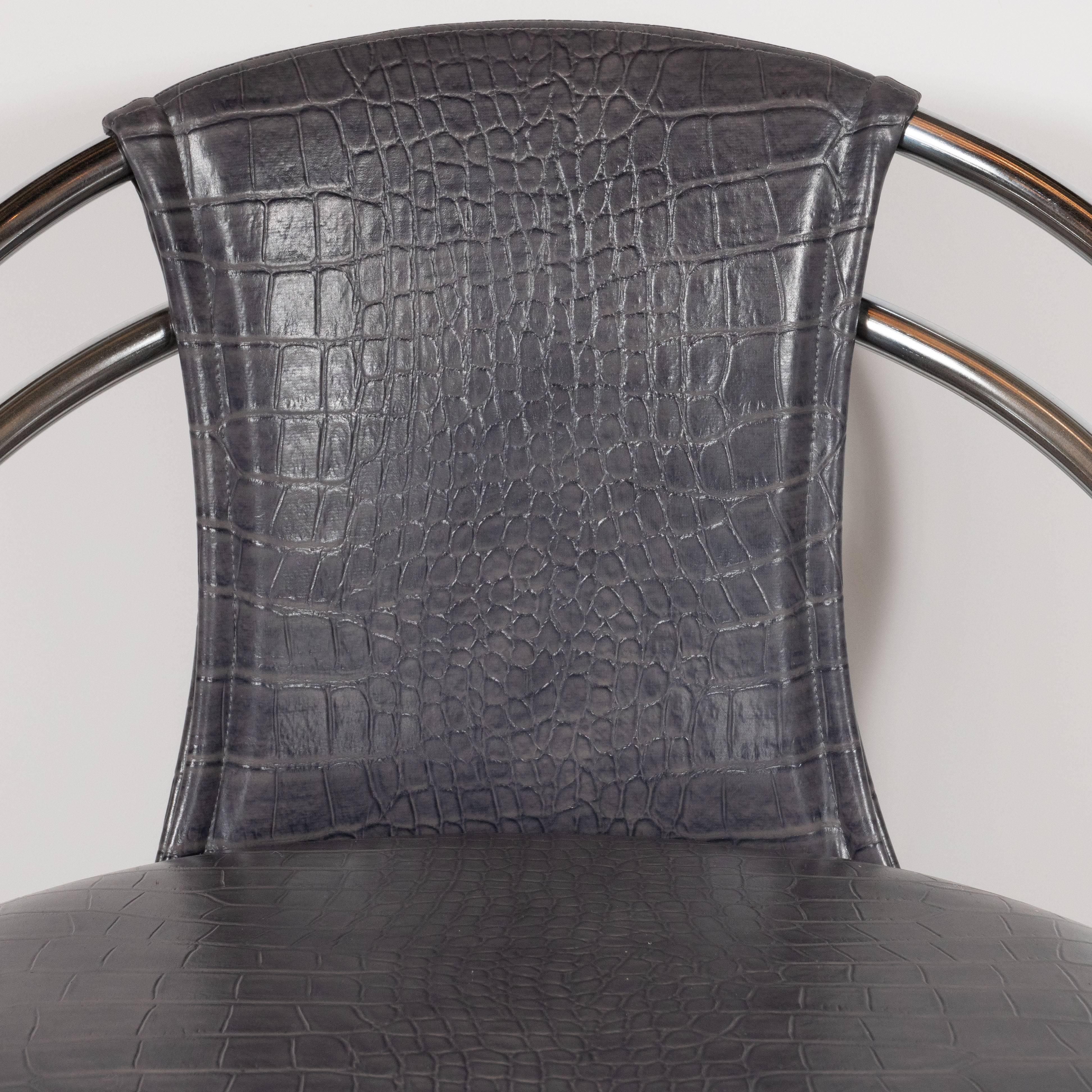 Art Deco Machine Age Chrome and Gauffraged Crocodile Leather Chair In Excellent Condition In New York, NY
