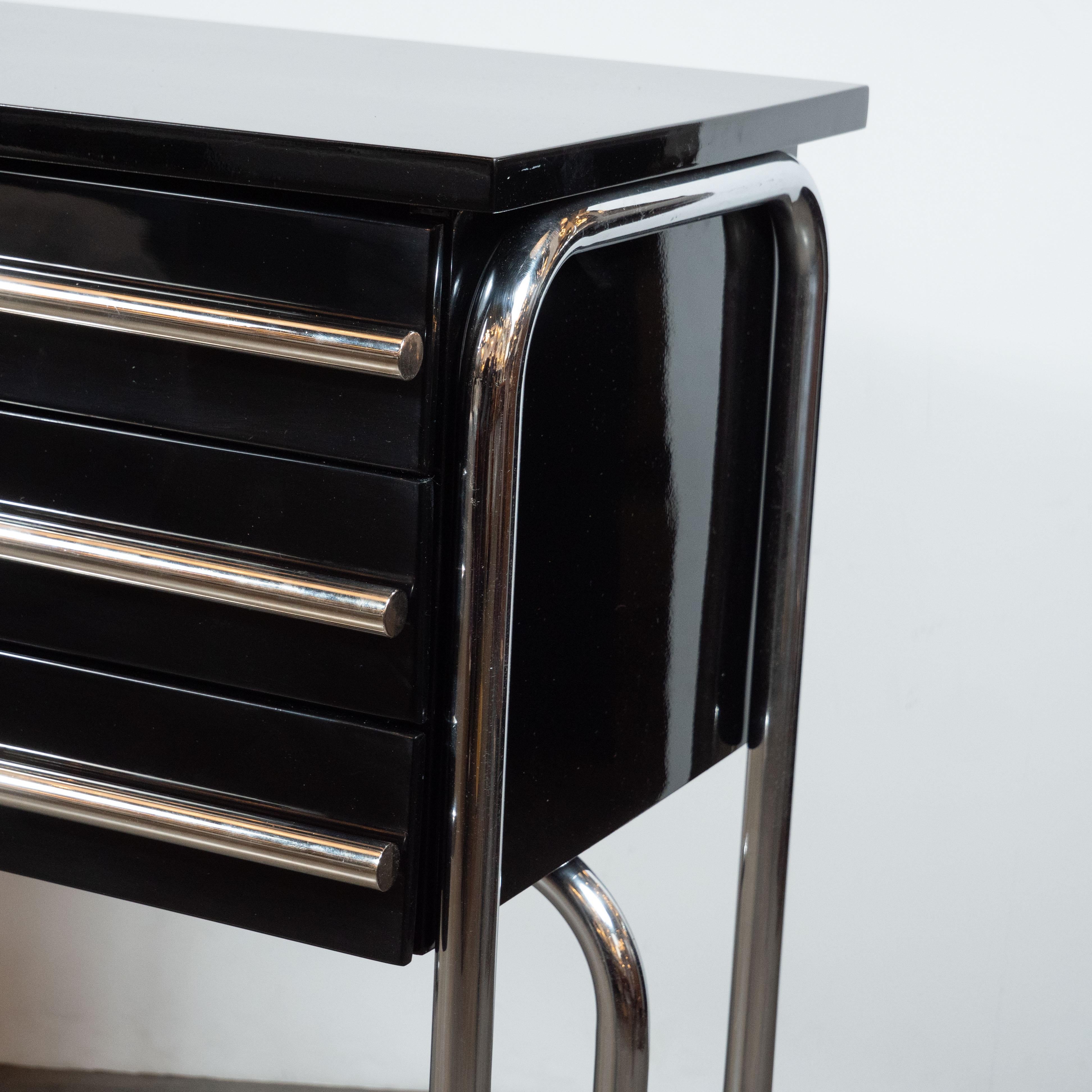 Art Deco Machine Age Chrome & Black Lacquer Writing Desk/Vanity  In Excellent Condition In New York, NY