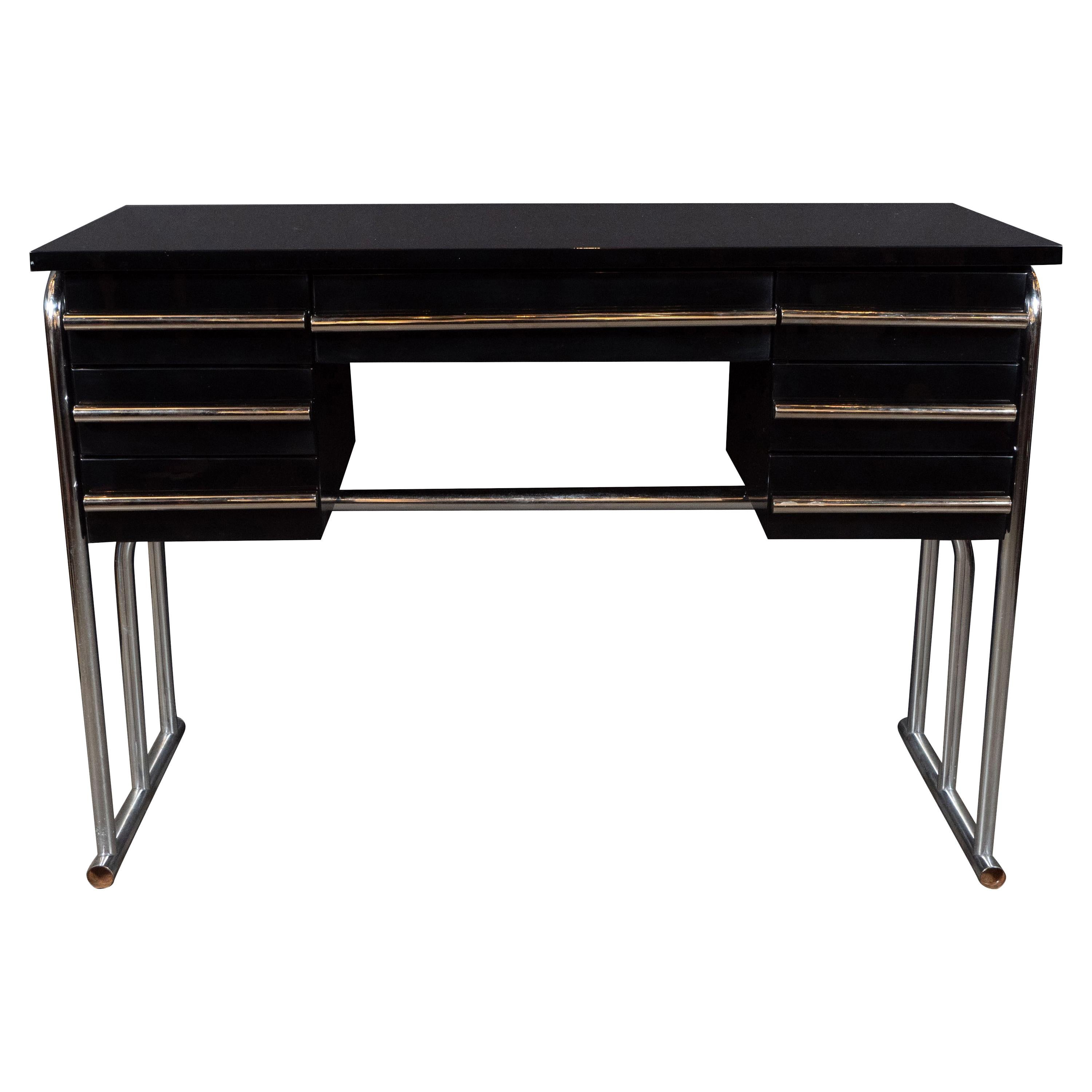 Art Deco Machine Age Chrome 
Black Lacquer Writing Desk/Vanity