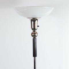 Art Deco Machine Age Chrome and Ebonized Walnut Torchiere with Milk Glass Shade