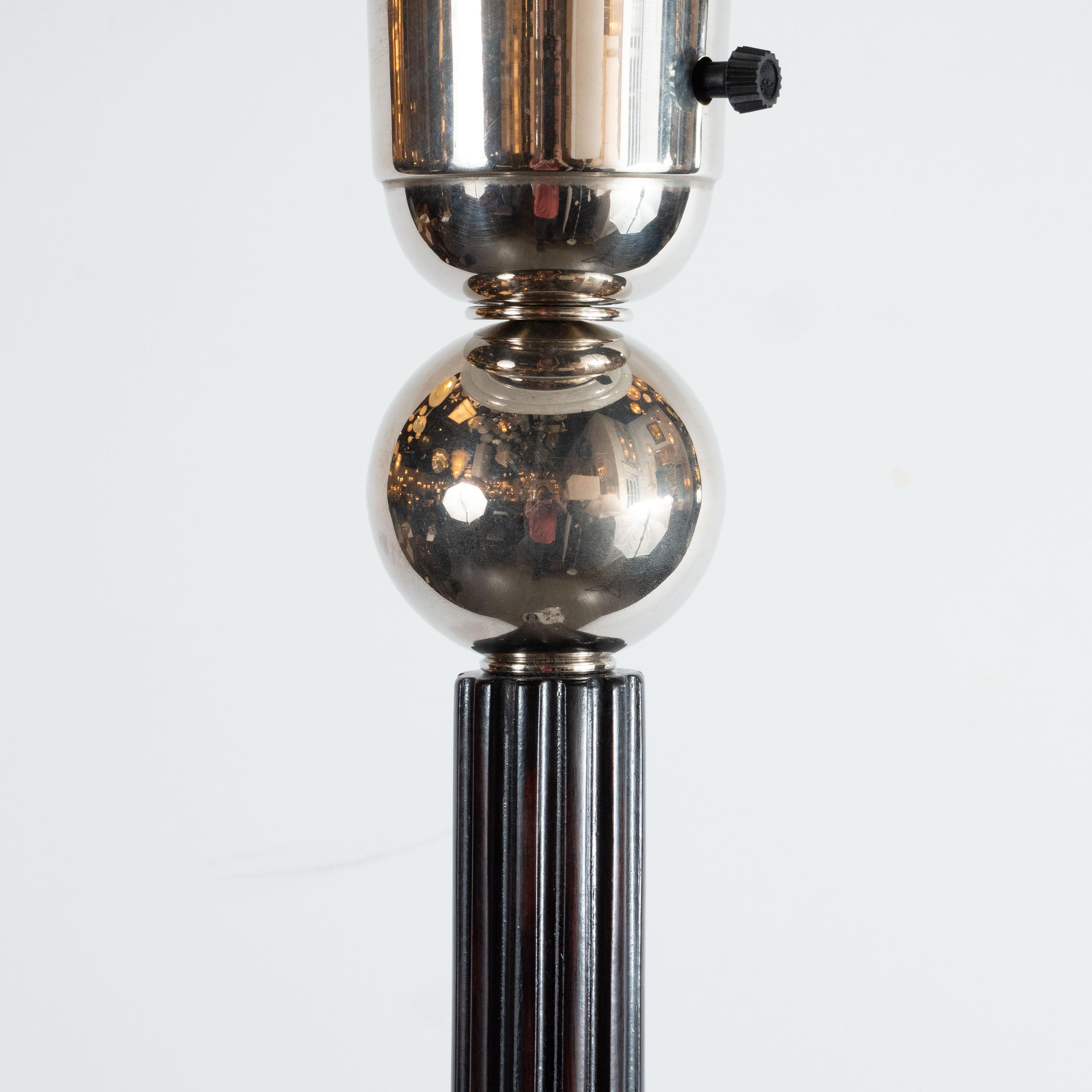 Art Deco Machine Age Chrome and Ebonized Walnut Torchiere with Milk Glass Shade In Excellent Condition For Sale In New York, NY