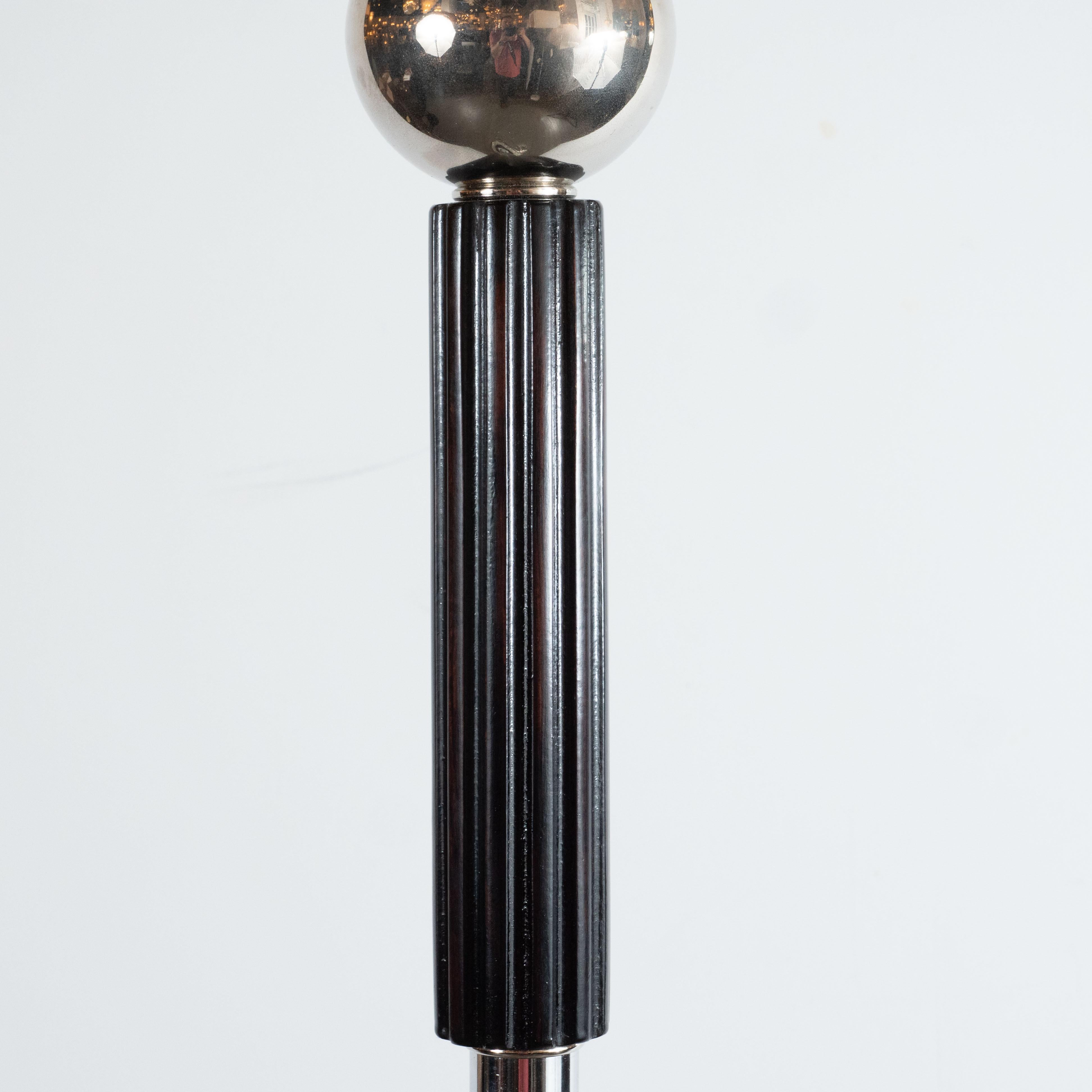 Mid-20th Century Art Deco Machine Age Chrome and Ebonized Walnut Torchiere with Milk Glass Shade For Sale