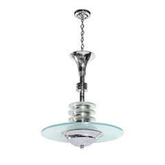 Art Deco Machine Age Chrome & Glass Pendant Chandelier