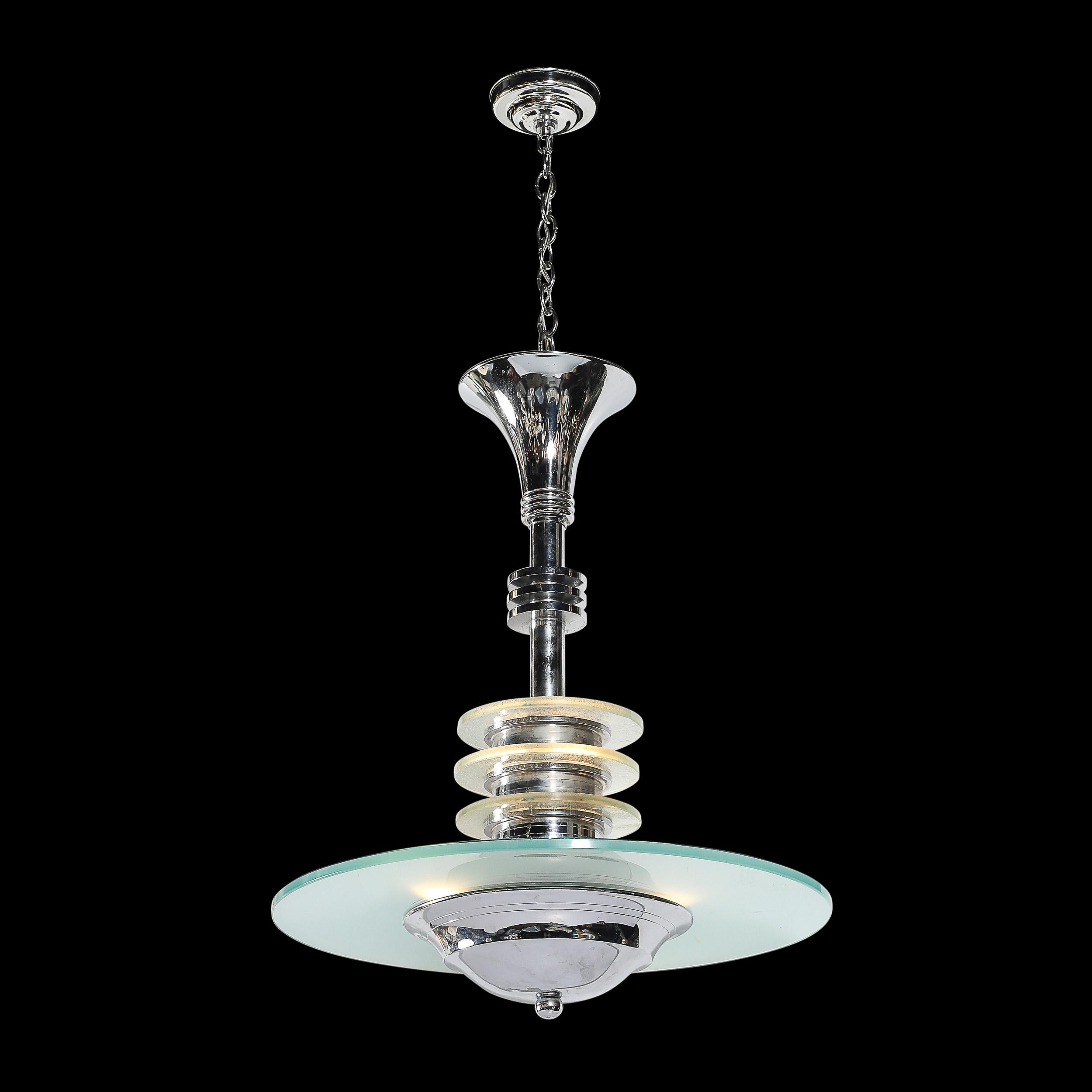 Francese Lampadario a sospensione in vetro e cromo Art Deco Machine Age in vendita