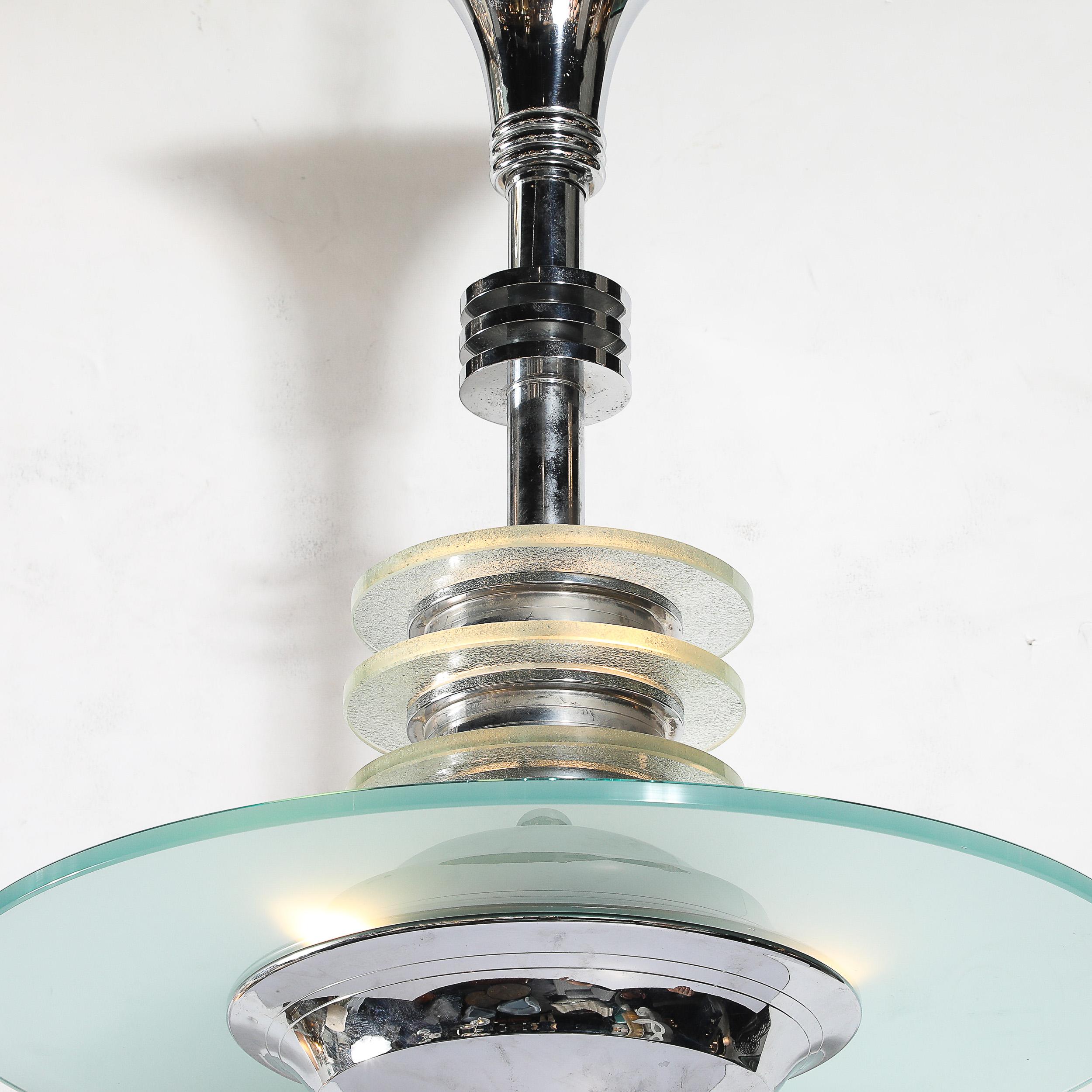 Vetro Lampadario a sospensione in vetro e cromo Art Deco Machine Age in vendita